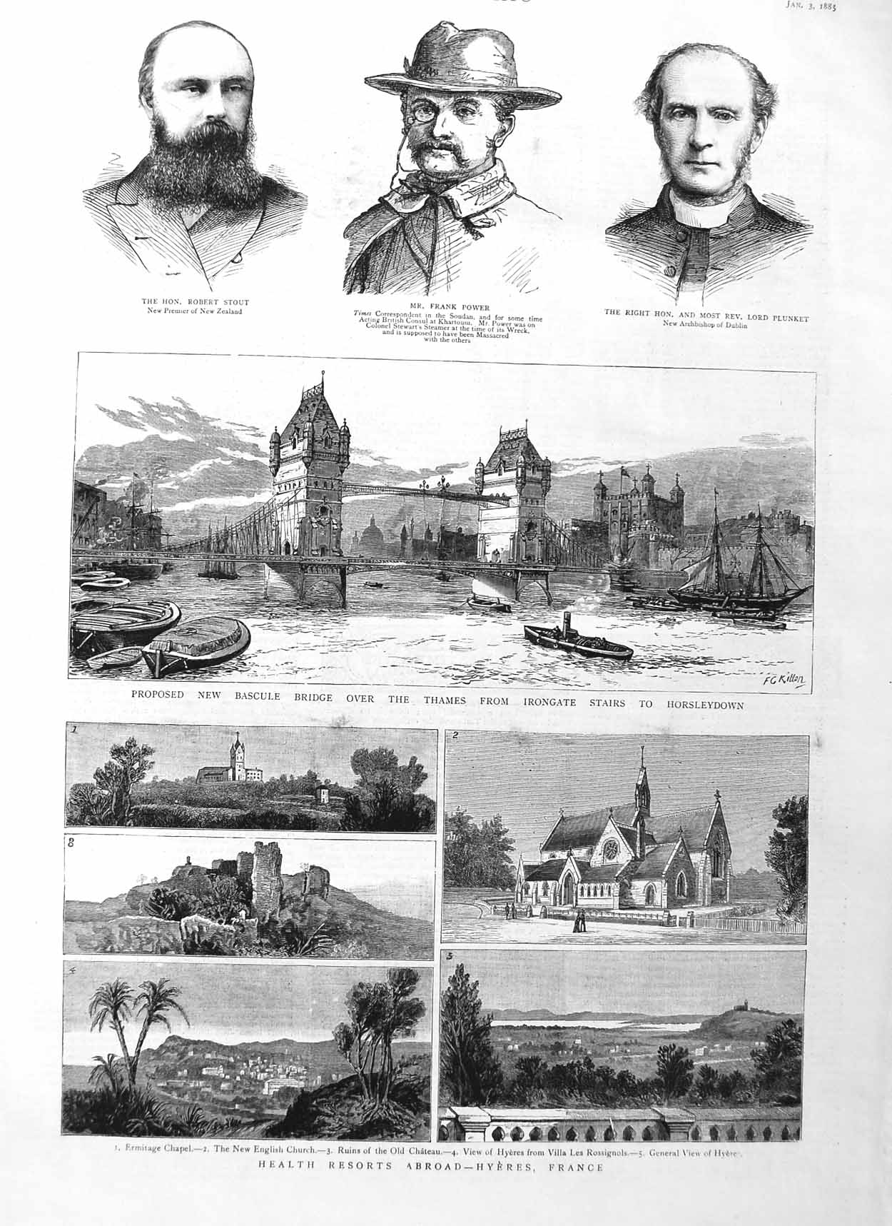 Original Old Antique Print 1885 Hyeres France Resort Stout Thames Tower Bridge