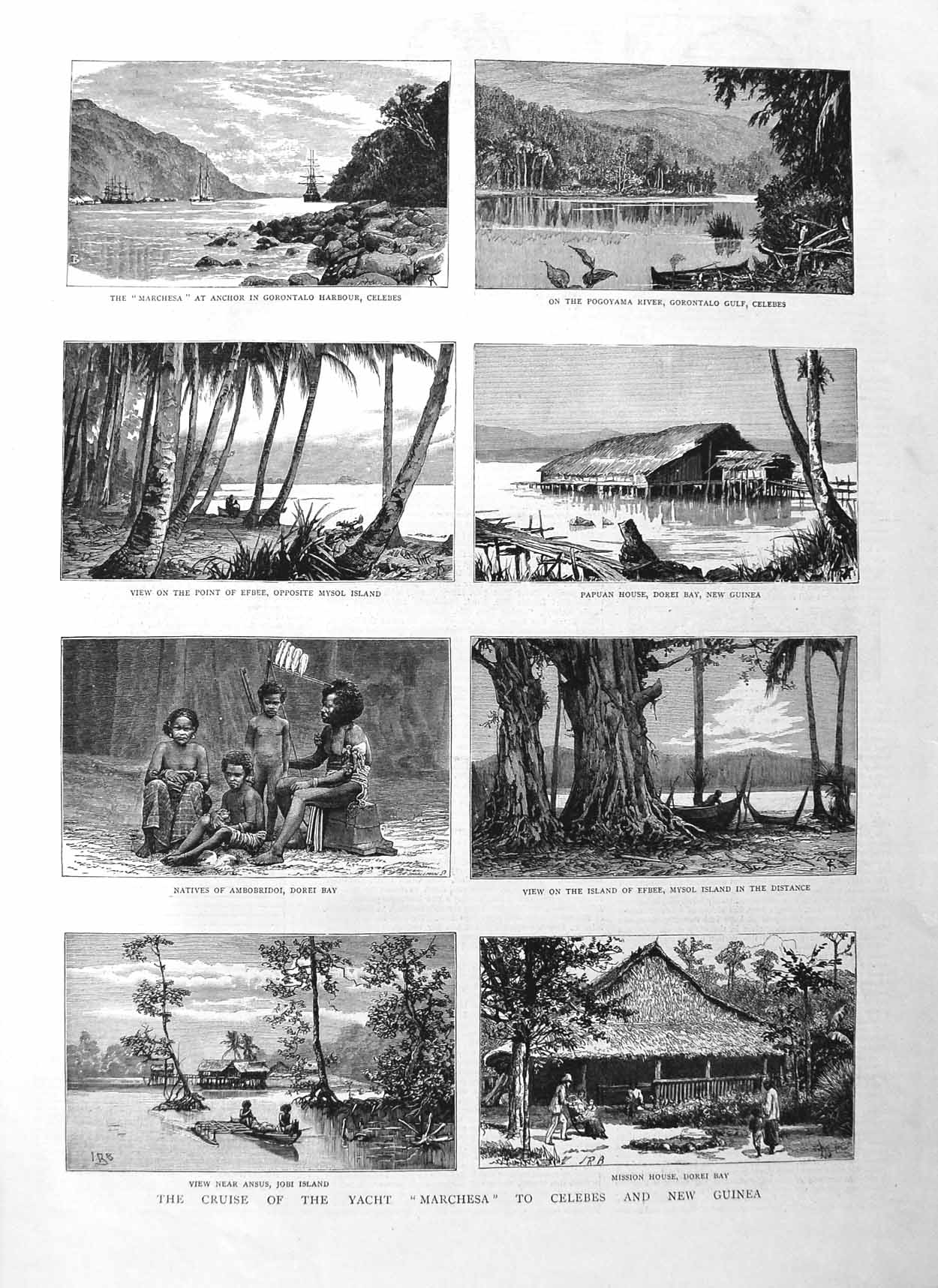 Original Old Antique Print 1885 Yacht Marchesa New Guinea Natives Dorei Mysol