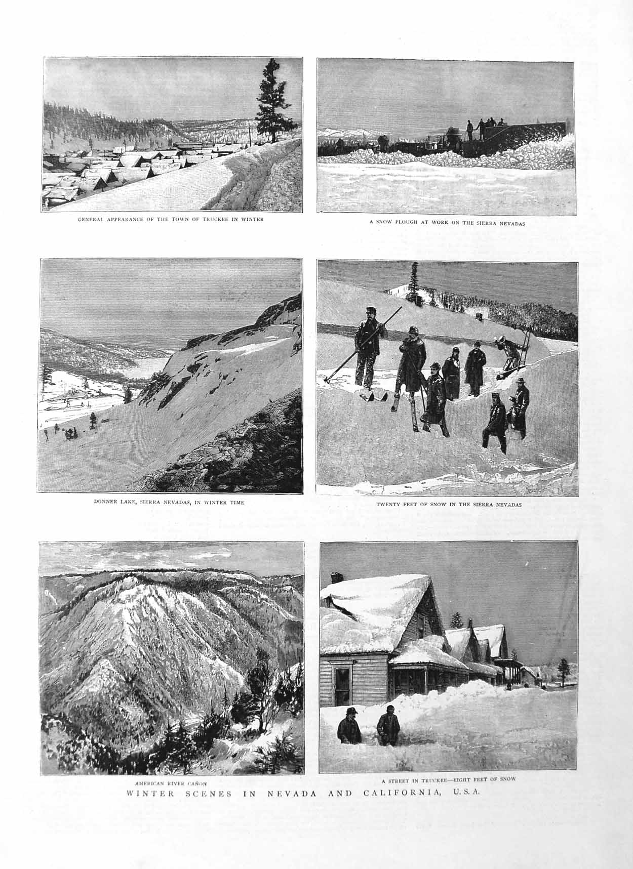 Original Old Antique Print 1885 Winter Nevada California Truckee Sierra 19th