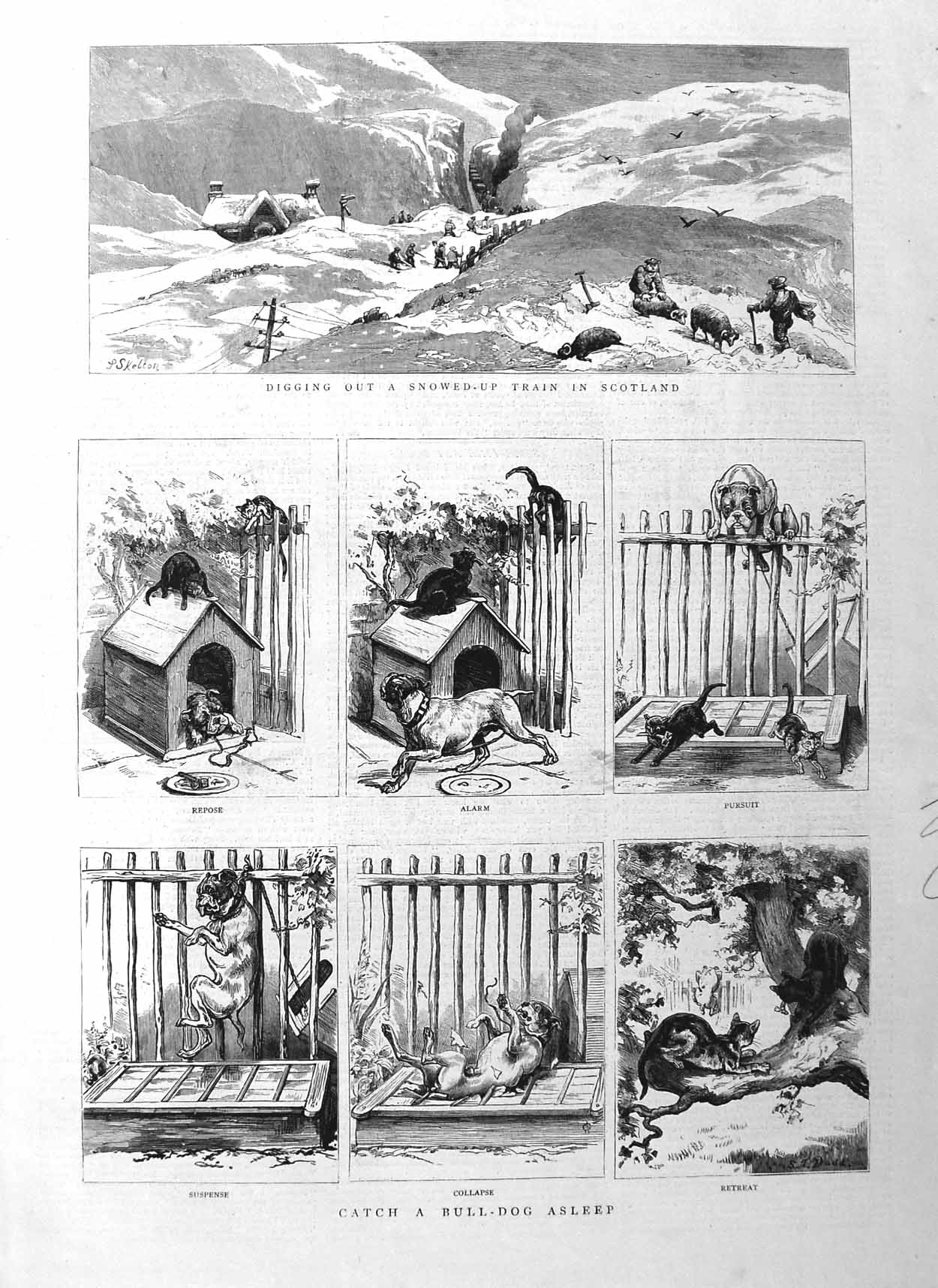 Original Old Antique Print 1885 Bull Dog Kennel Snowed-Up Train Scotland 19th