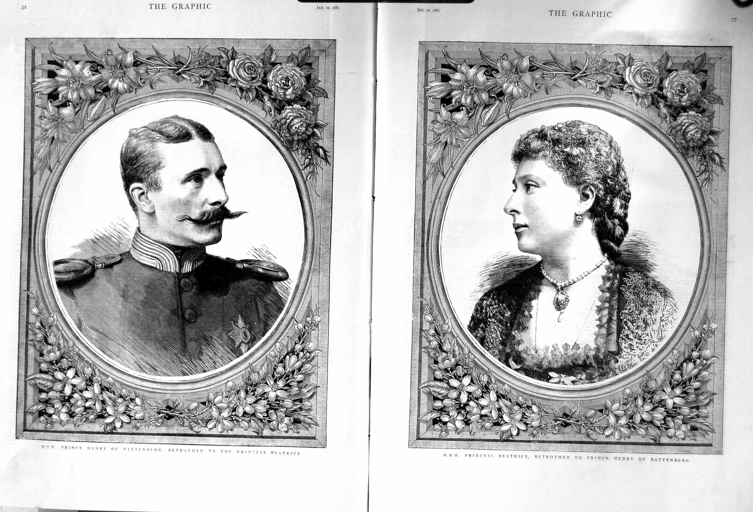 Antique Old Print 1885 Portrait Princess Beatrice Prince Henry Battenberg 0 19th