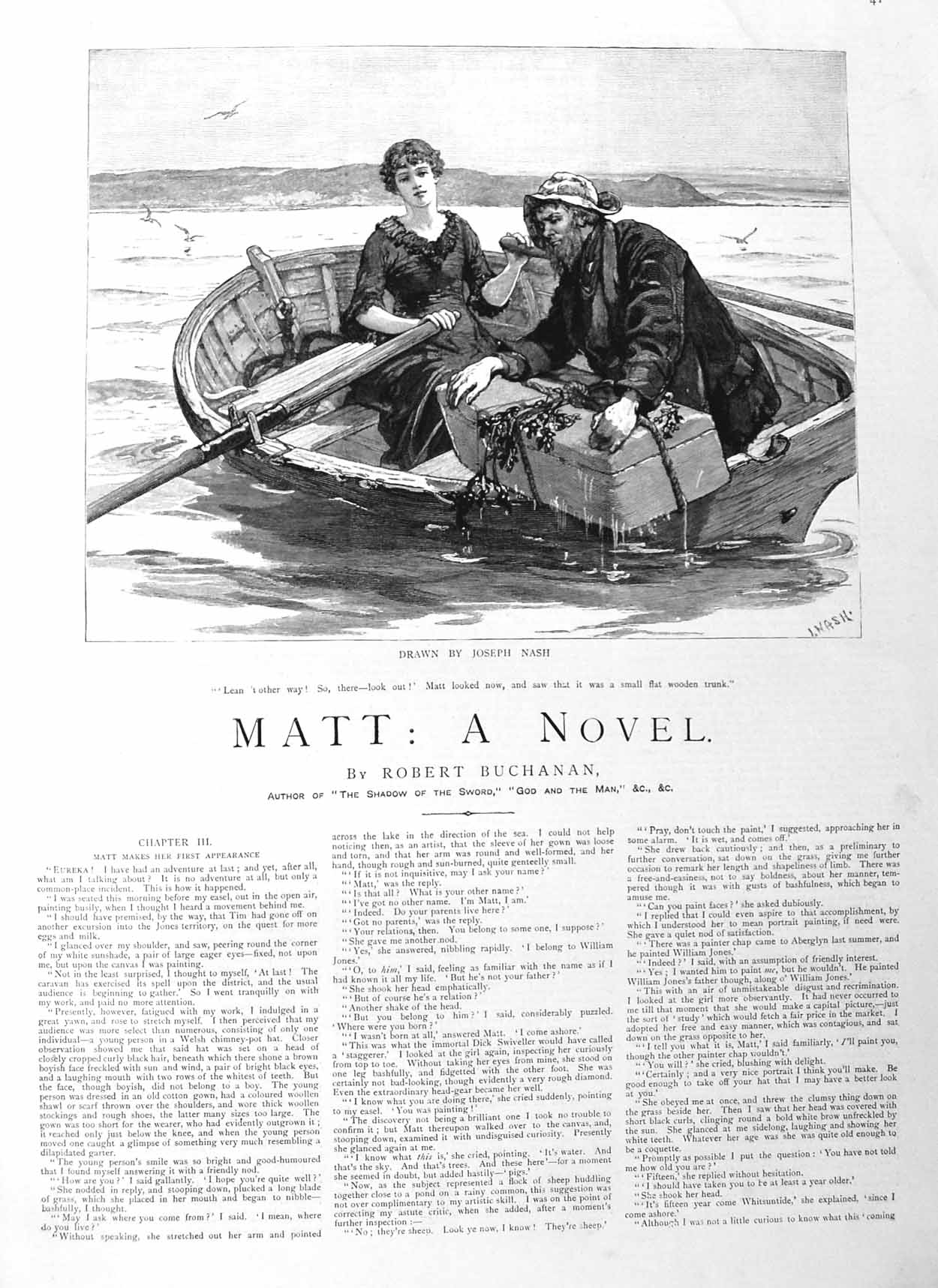 Original Old Antique Print 1885 Illustration Story Matt Lady Man Fisherman Boat