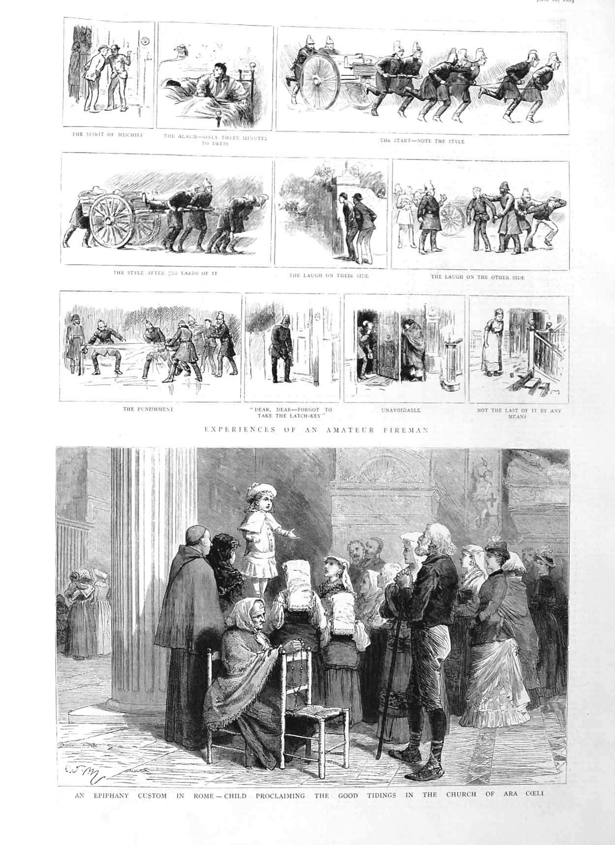 Original Old Antique Print 1885 Amateur Firemen Epiphany Rome Church Ara Coeli