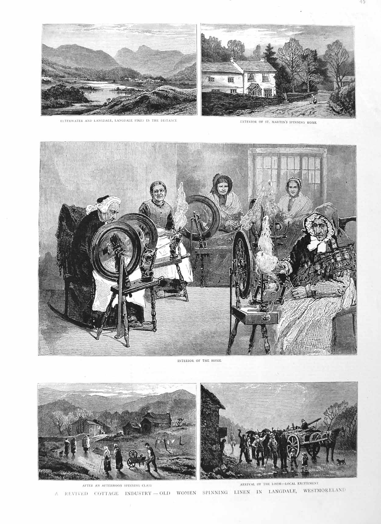 Original Old Antique Print 1885 Cottage Industry Spinning Linen Langdale L 19th