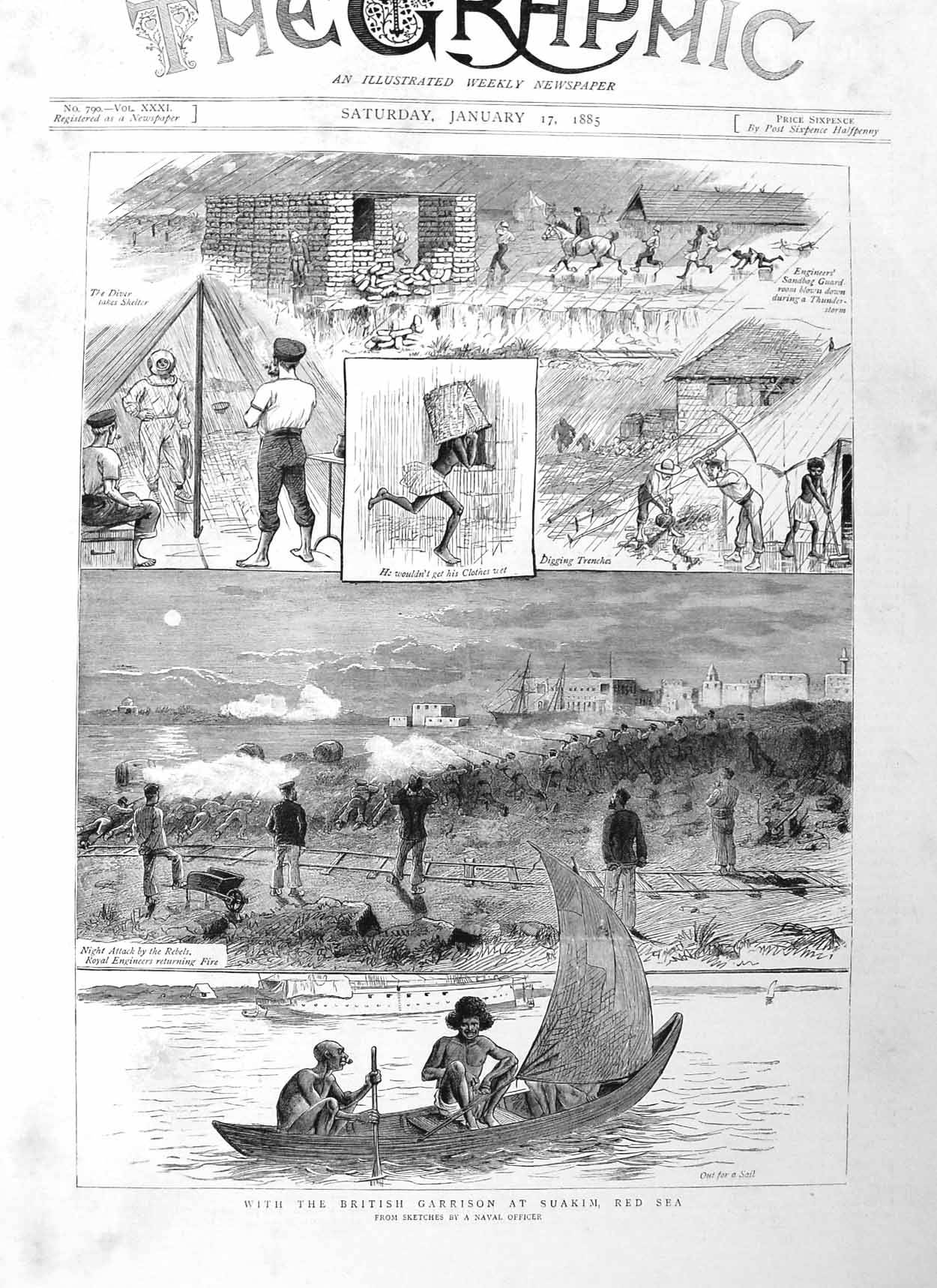 Original Old Antique Print 1885 British Garrison Suakim Red Sea War Siers Boat
