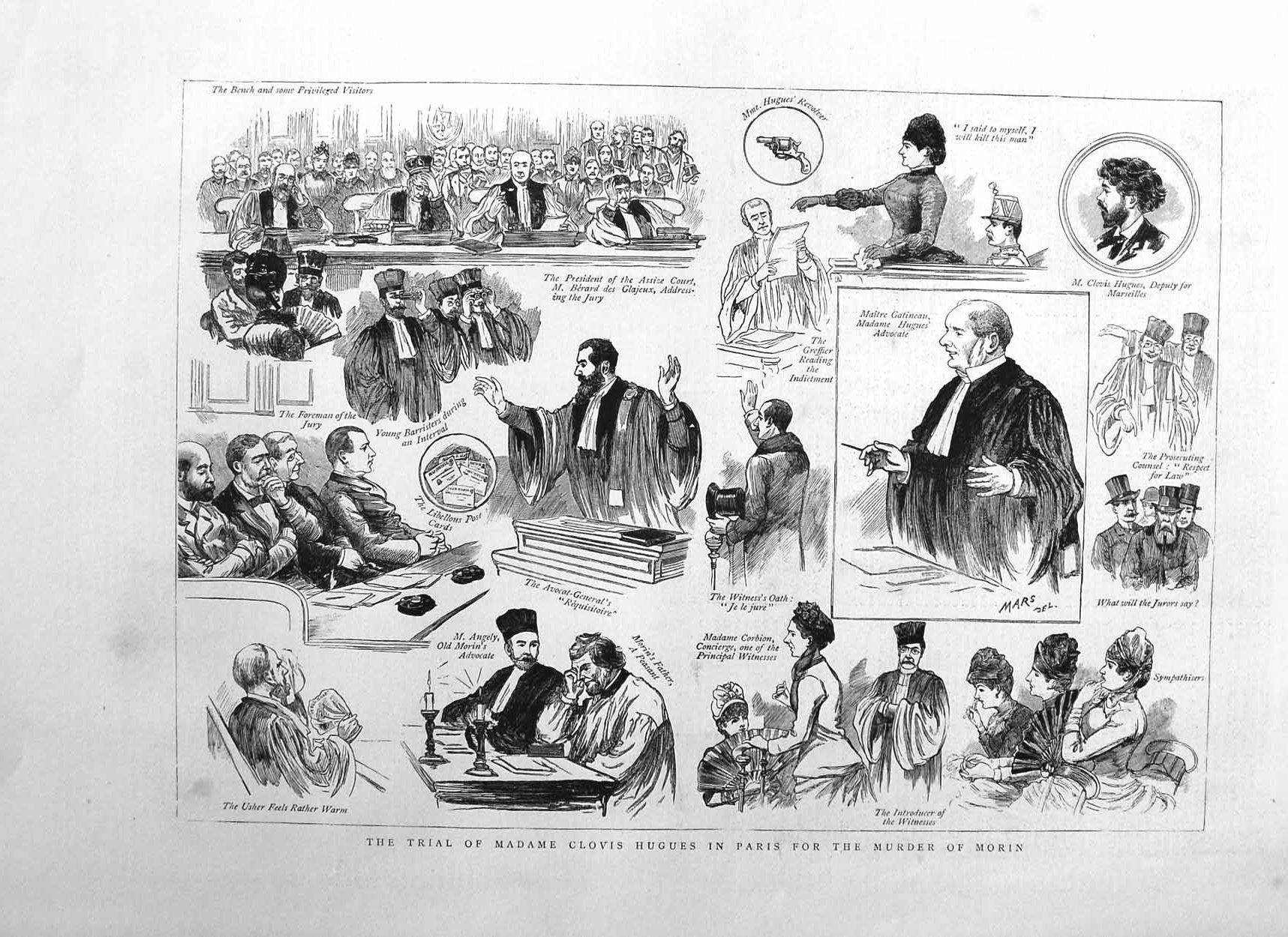 Original Old Antique Print 1885 Trial Madame Clovis Hughes Paris Murder Morin