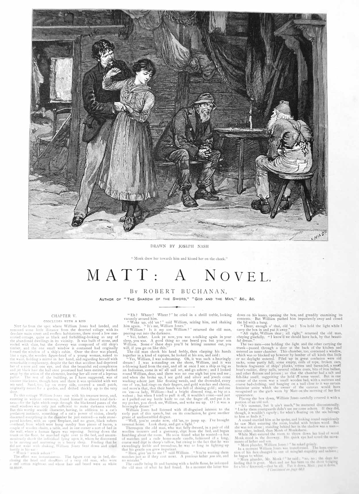 Old Antique Print 1885 Illustration Story Matt Romance Fishermen Fine Art 19th