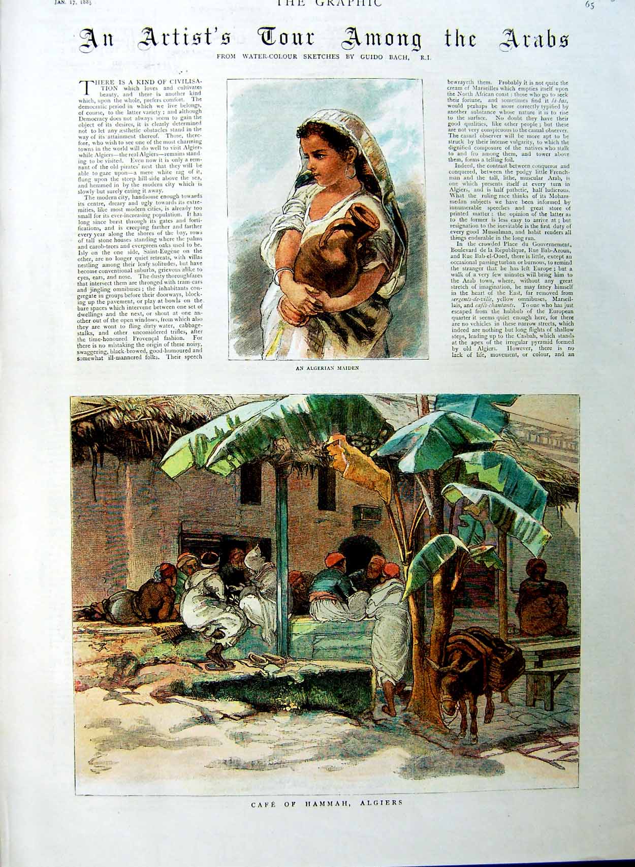 Original Old Antique Print 1885 CafÇ Hammah Algiers Algerian Woman Arabs Casbah