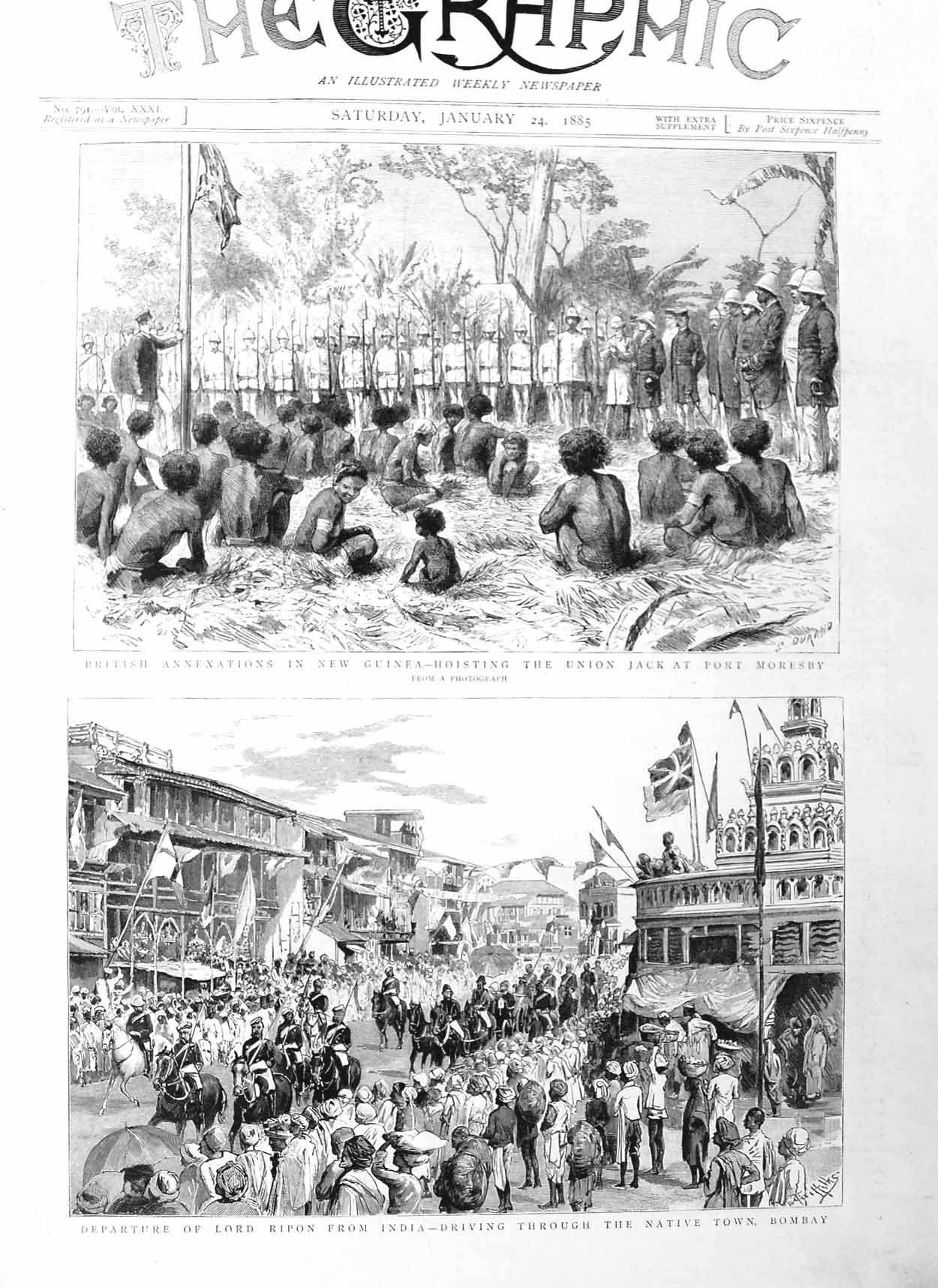 Old Antique Print 1885 Lord Ripon India Bombay British Army Port Moresby 19th