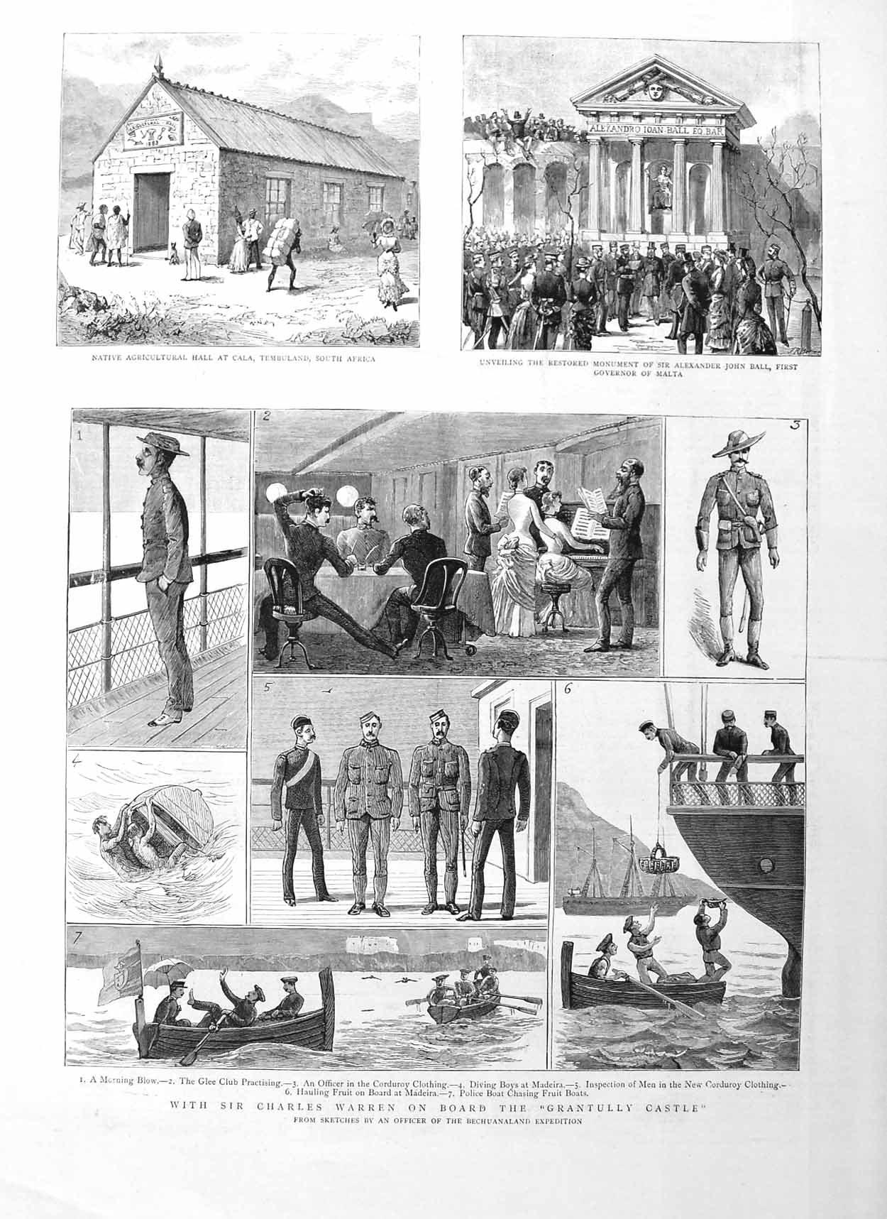 Old Antique Print 1885 Charles Warren Ship Grantully Castle Africa Ball 19th
