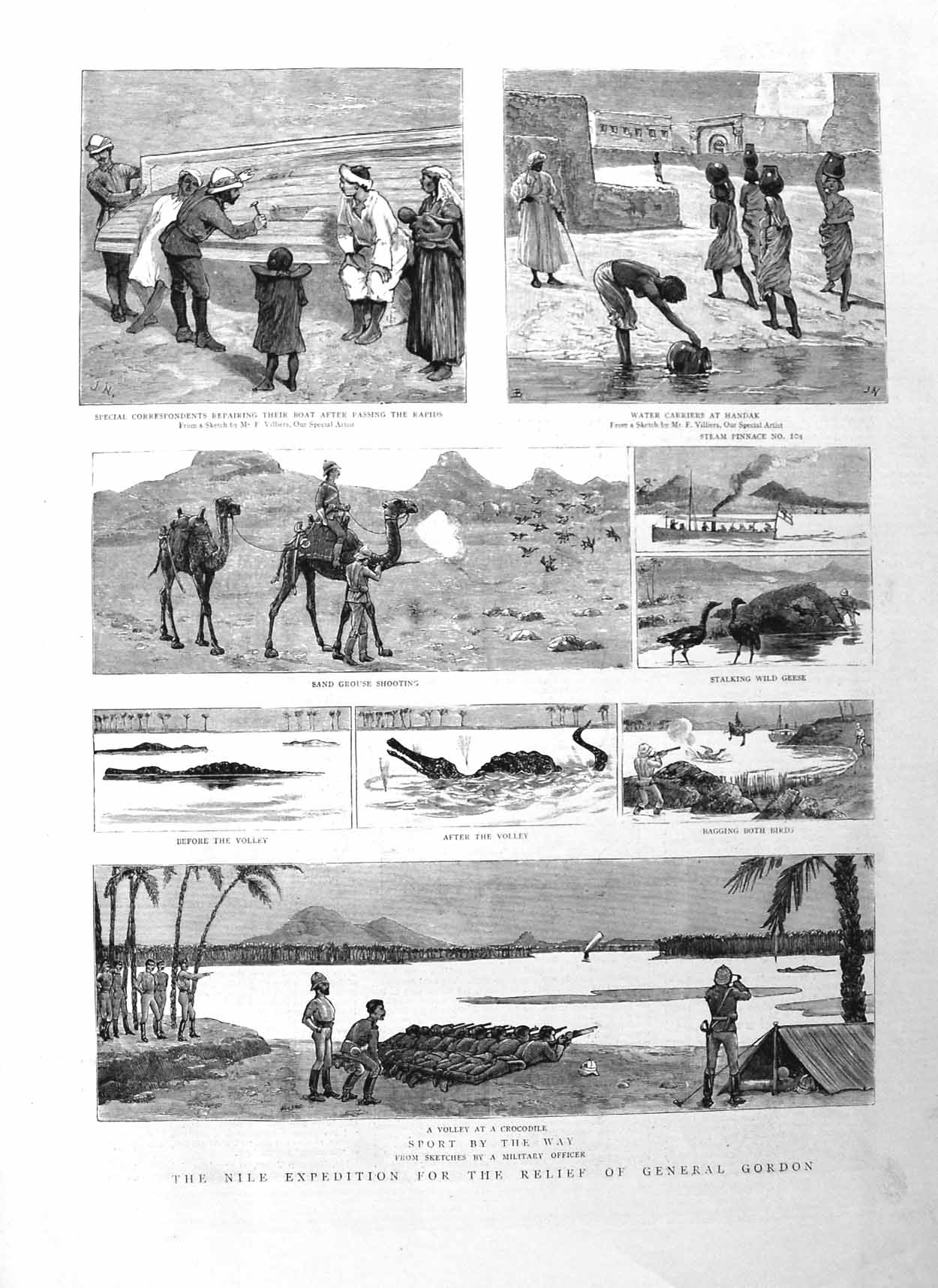 Original Old Antique Print 1885 Nile General Gordon Crocodile Grouse Shooting