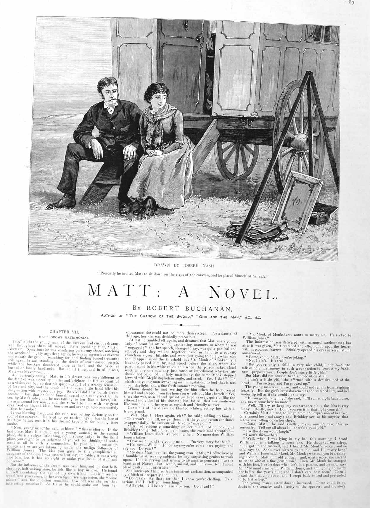 Original Old Antique Print 1885 Illustration Story Matt Romance Lady Man Waggon