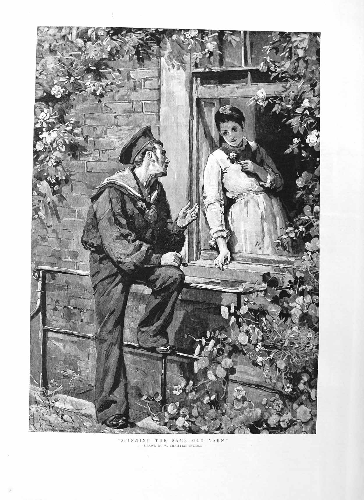 Original Old Antique Print 1885 Fine Art Romance Sailor Man Women 19th