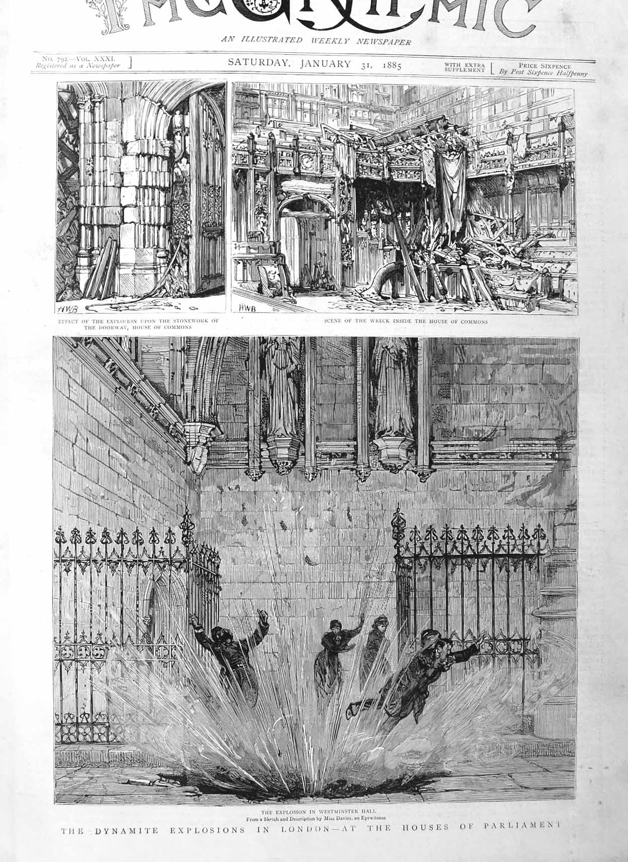 Original Old Antique Print 1885 Dynamite London Westminster Parliament Commons