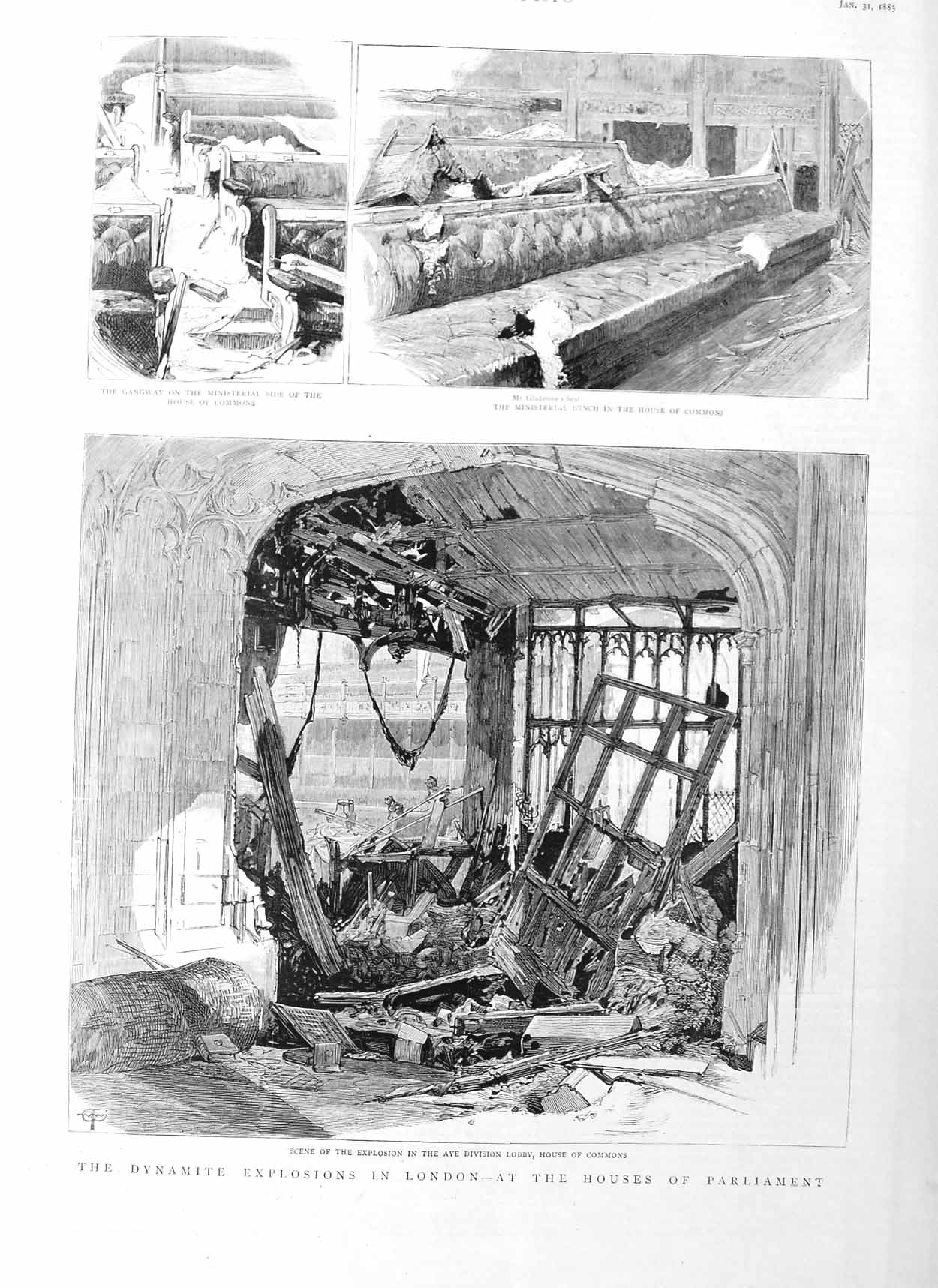 Old Antique Print 1885 Dynamite Explosion London House Commons Parliament 19th