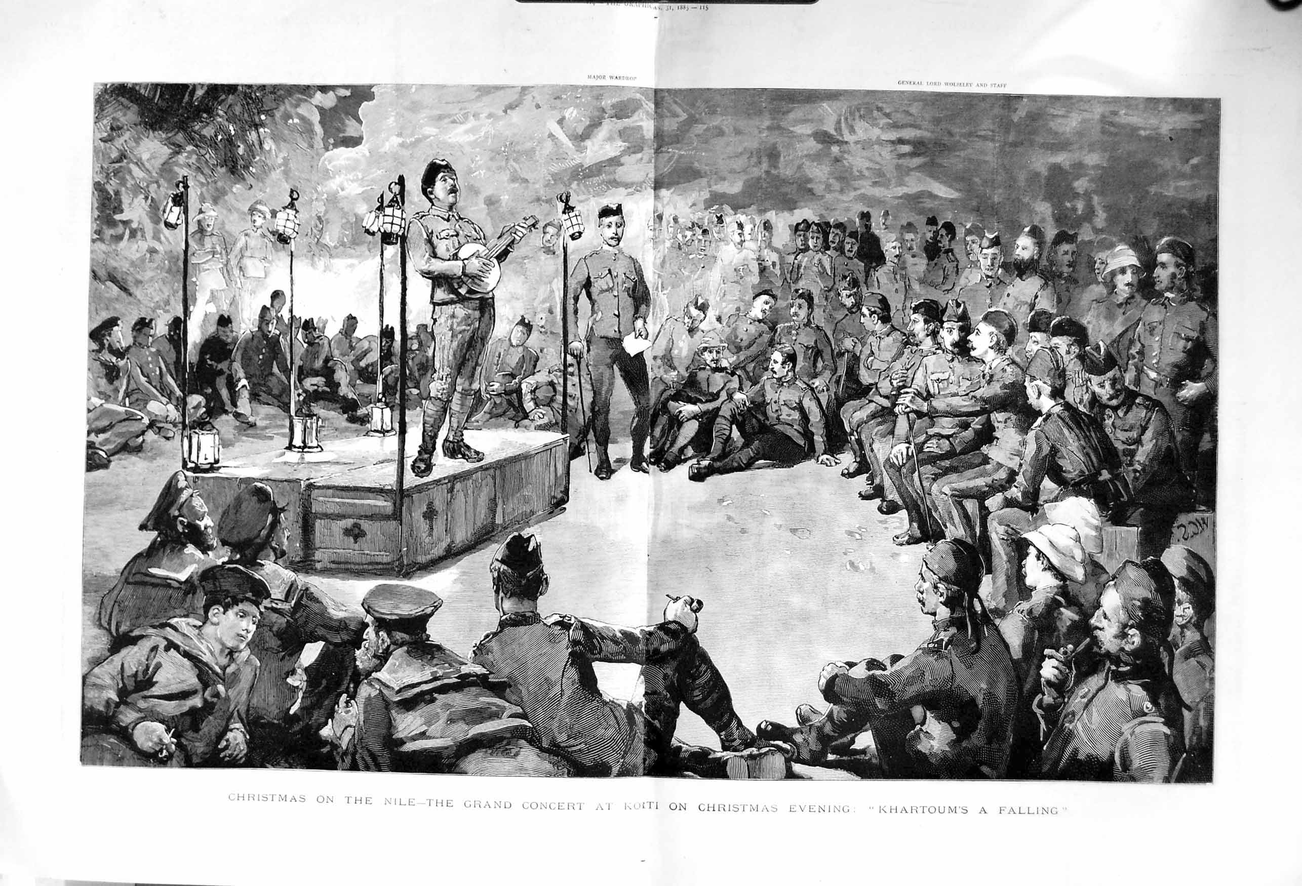 Old Antique Print 1885 Christmas Nile Concert Korti Khartoum Siers War 19th