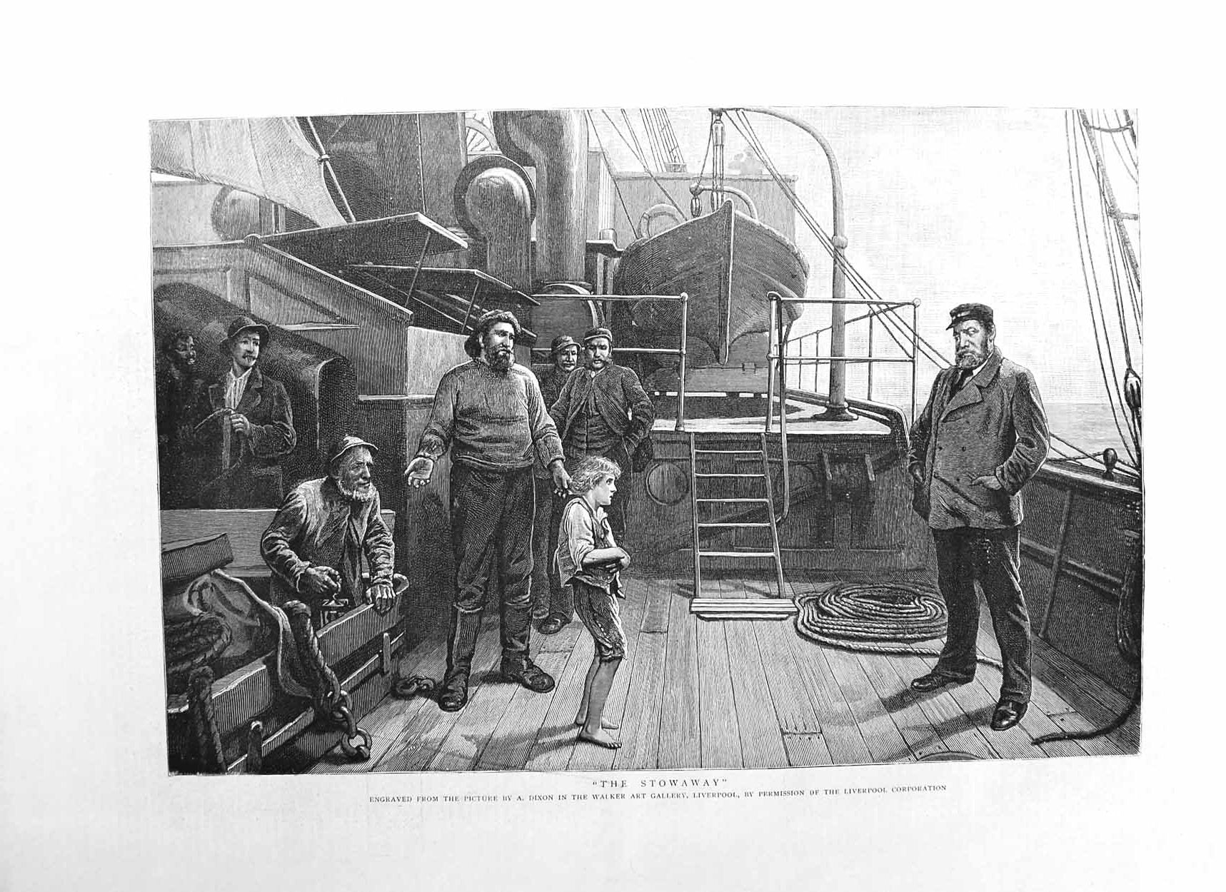 Old Antique Print 1885 Liverpool Art Gallery War Ship Stowaway Boy Sailor 19th