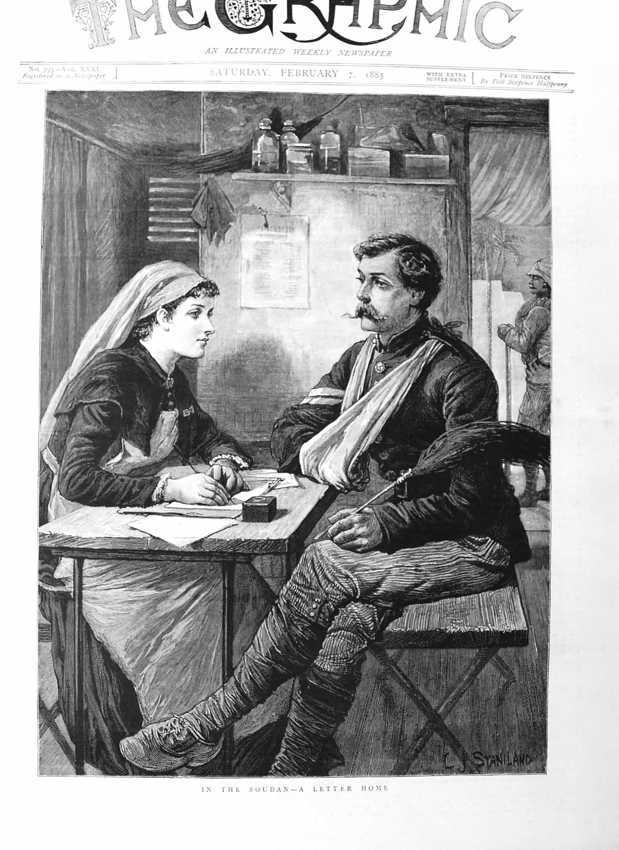Original Old Antique Print 1885 Soudan War Injured Siers Nurse Writing Letter