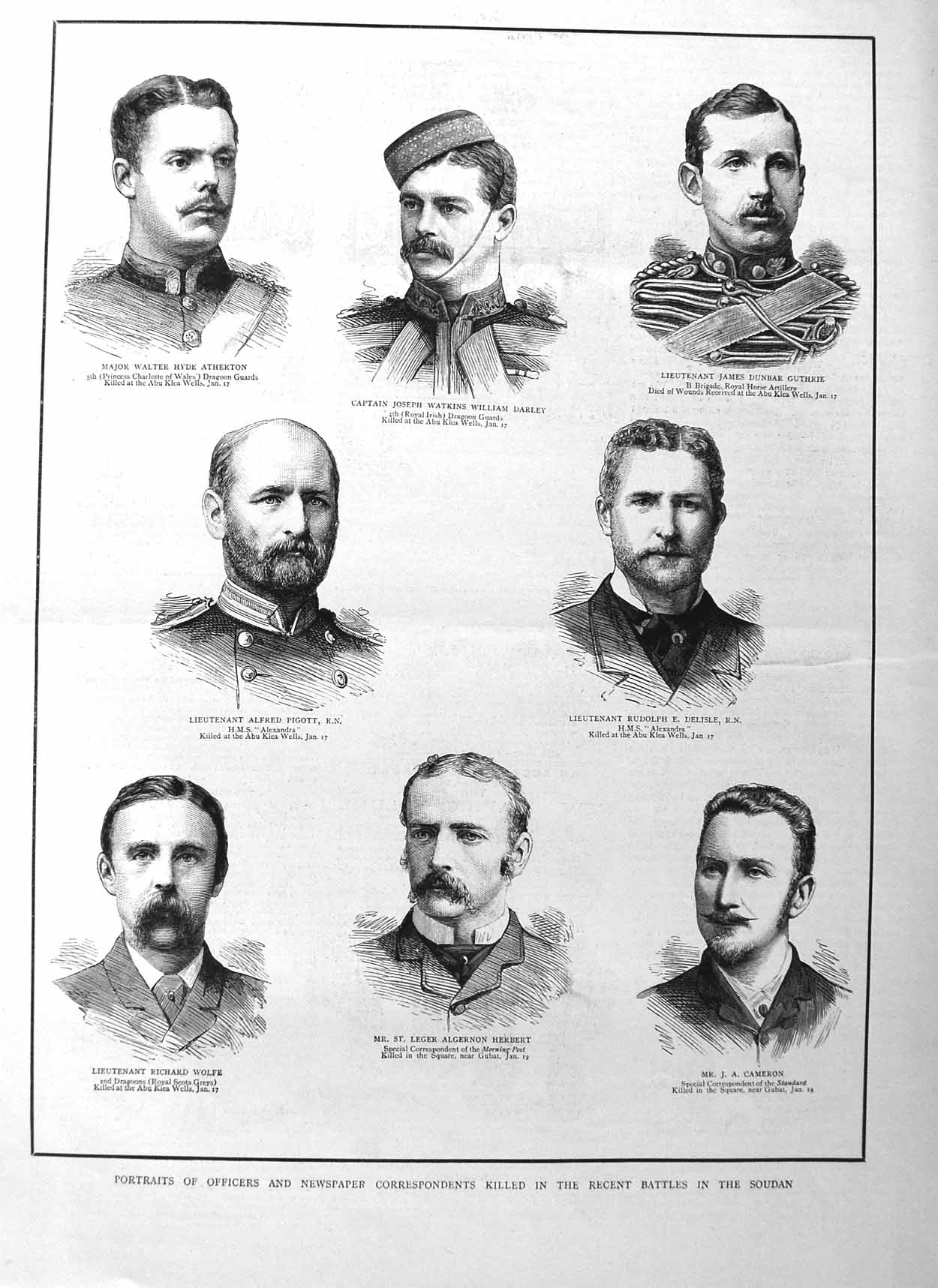 Old Antique Print 1885 Officers Soudan War Darley Herbert Pigott Cameron 19th