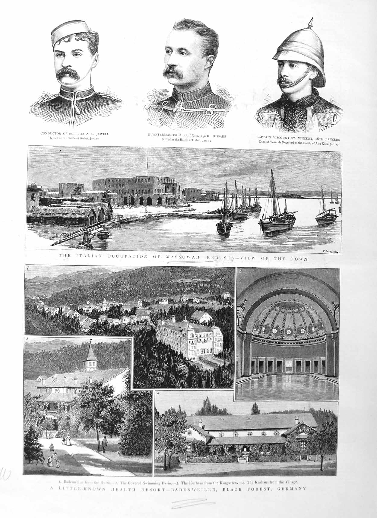 Old Antique Print 1885 Badenweiler Resort Germany Jewell War Massowah Red 19th