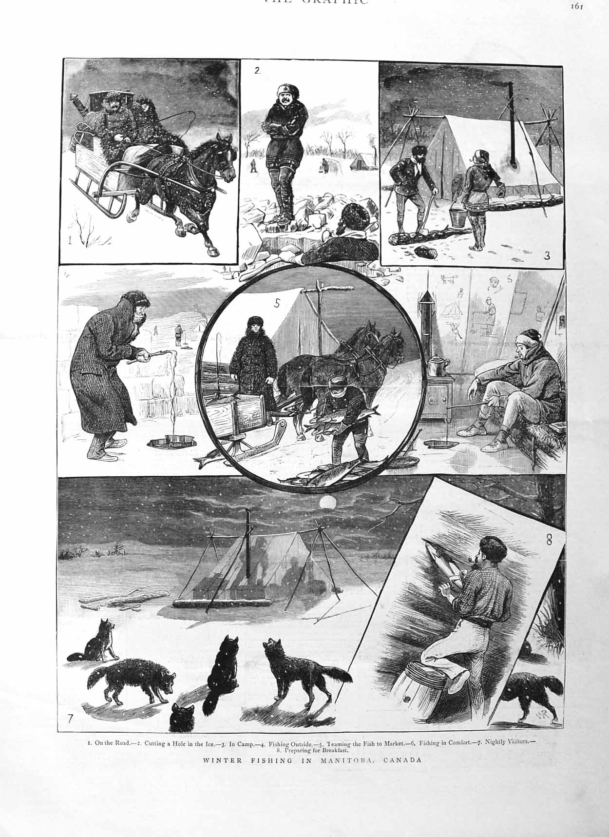 Original Old Antique Print 1885 Winter Fishing Manitoba Canada Horses Snow Dogs