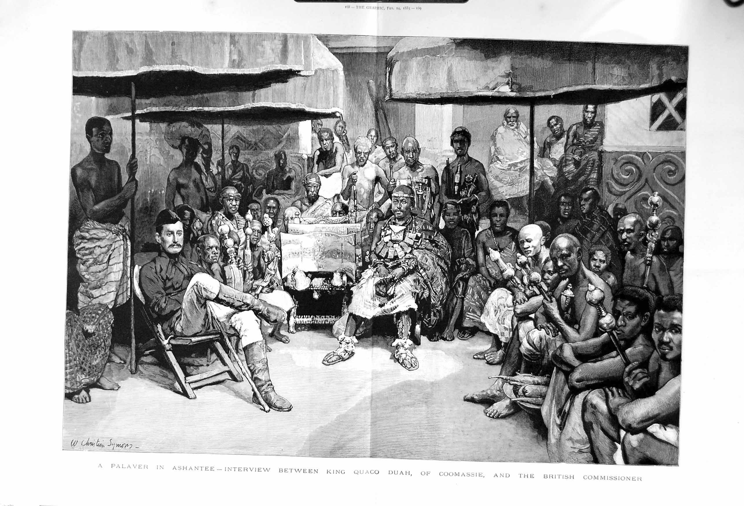 Old Antique Print 1885 Ashantee King Quaco Duah Coomassie Commissioner 19th