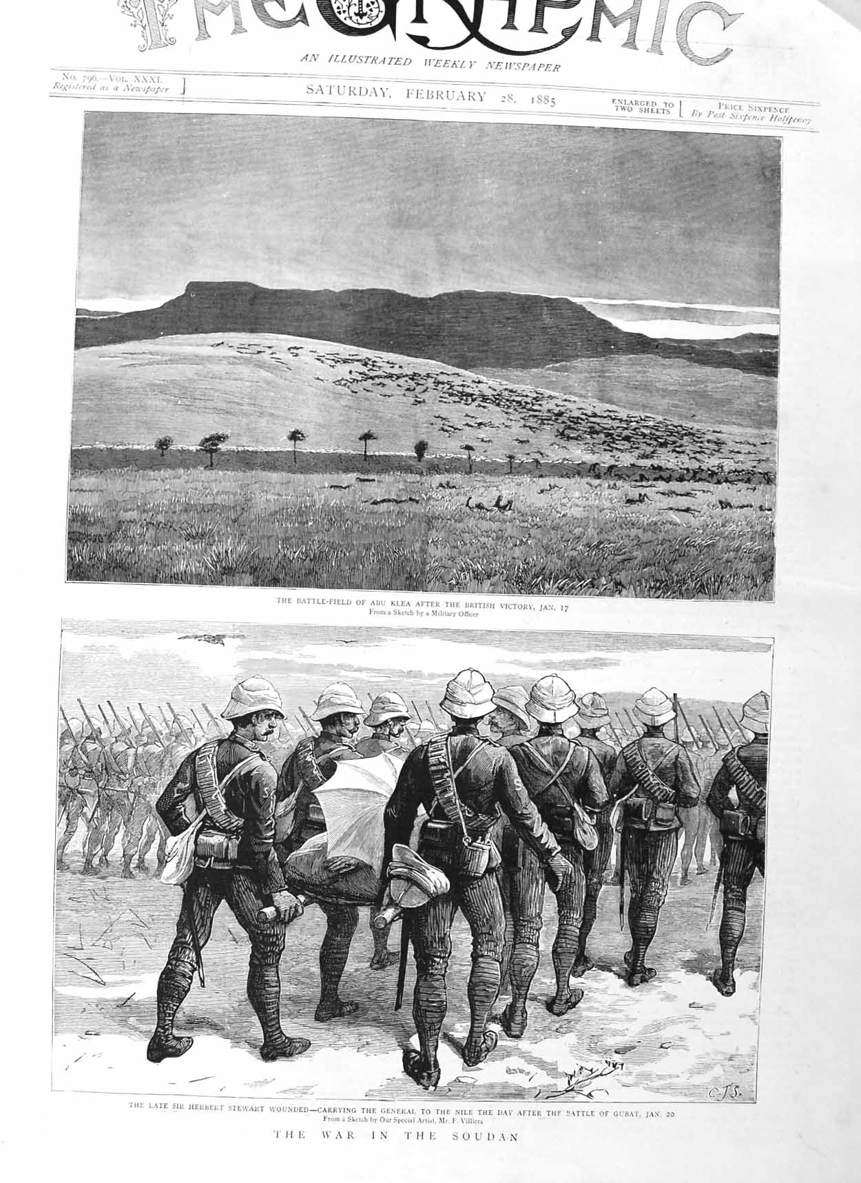 Original Old Antique Print 1885 War Soudan Herbert Stewart Gubat Abu Klea 19th