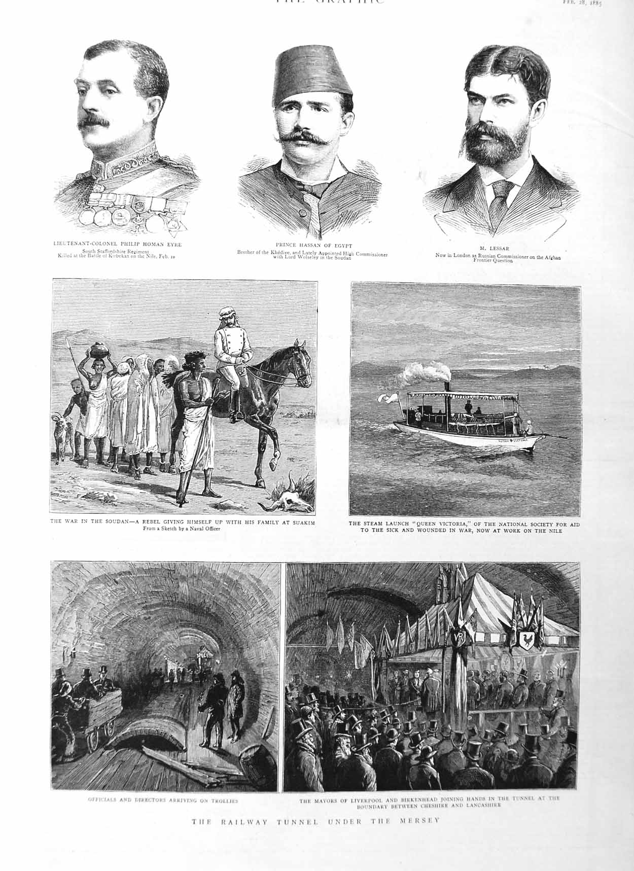 Original Old Antique Print 1885 Railway Tunnel River Mersey War Soudan Eyr 19th