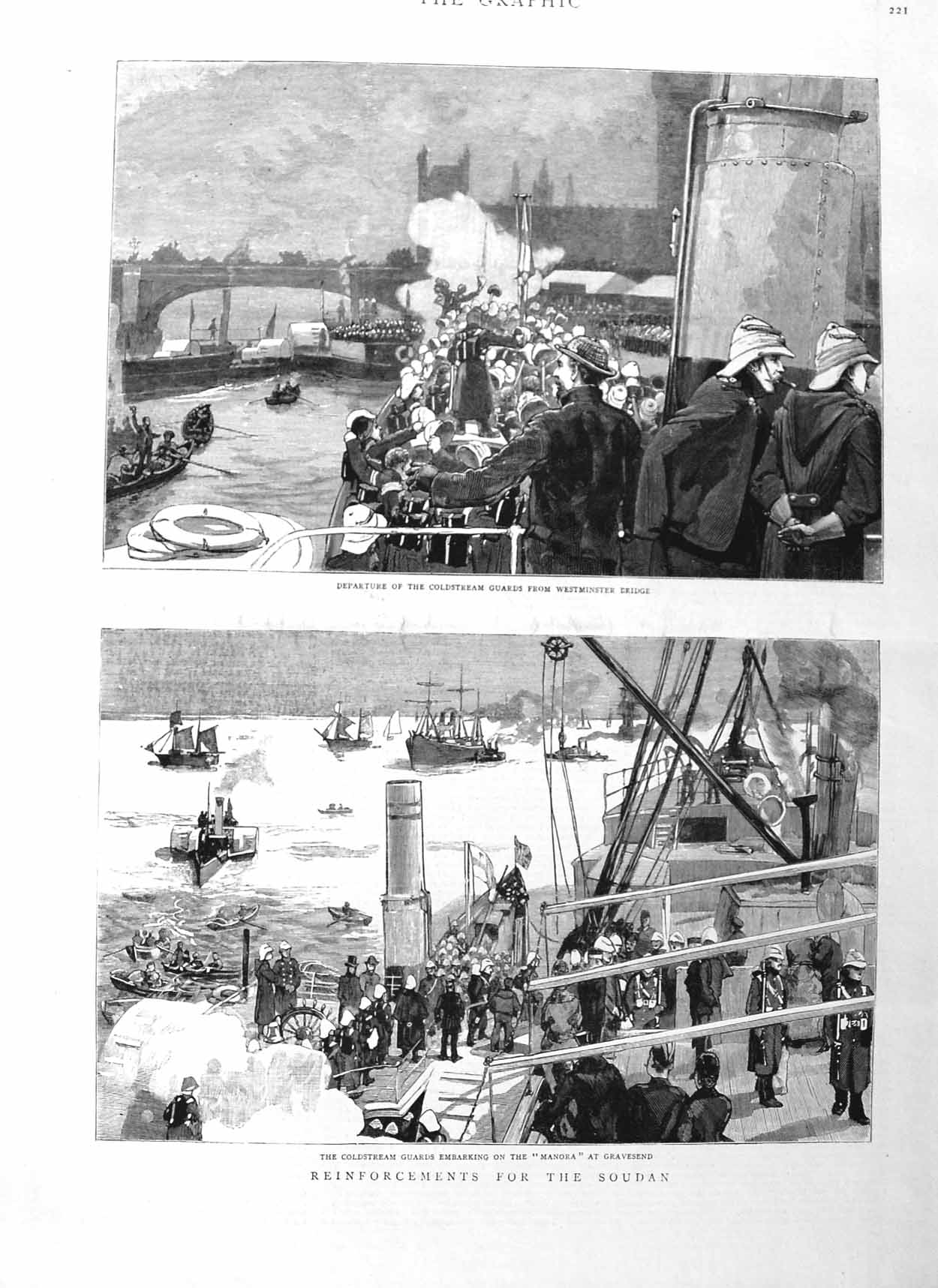 Original Old Antique Print 1885 Soudan War Manora Ship Gravesend Cstream Guards