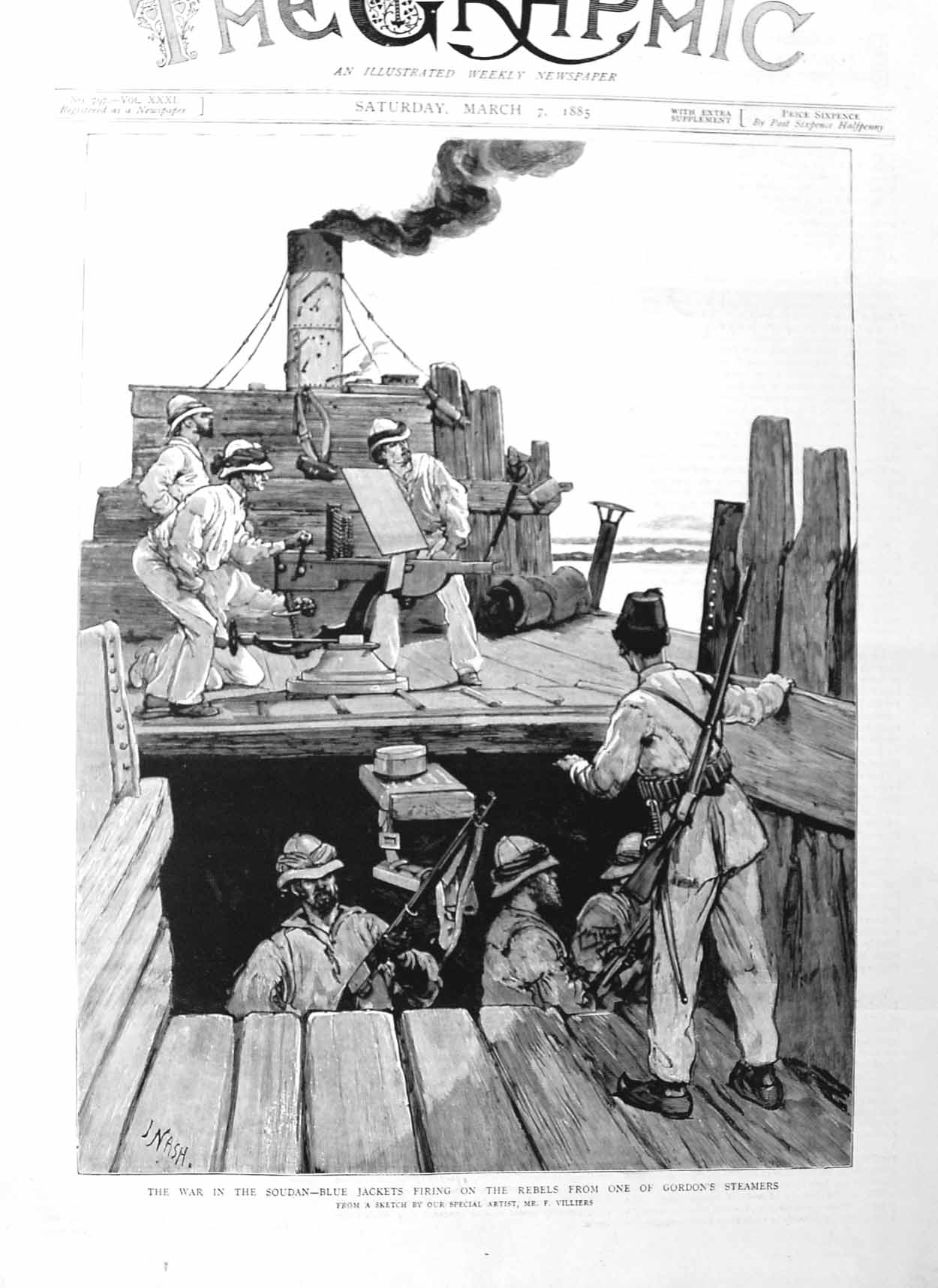 Original Old Antique Print 1885 War Soudan Blue Jackets Gordon'S Steamer F 19th