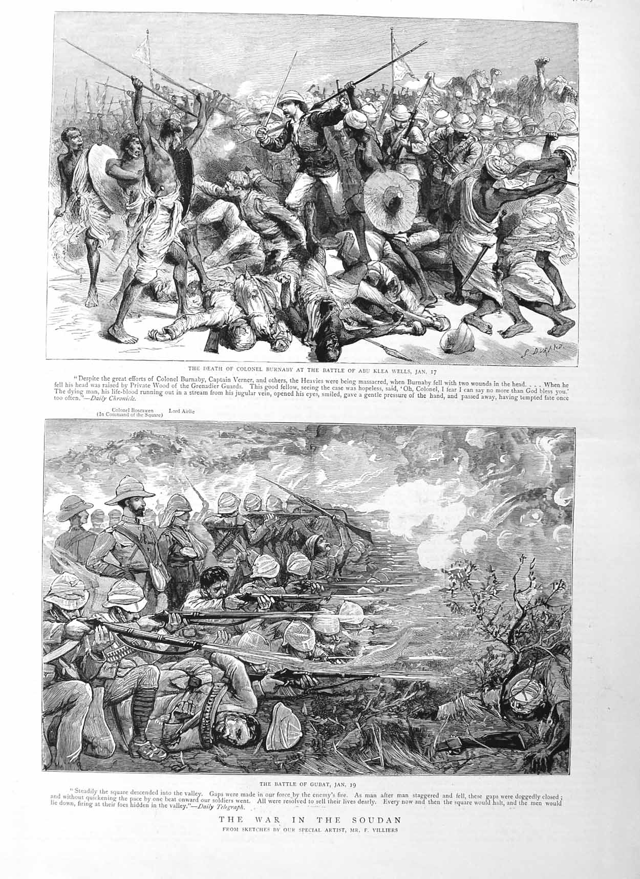 Original Old Antique Print 1885 Death Colonel Burnaby Abu Klea Wells Suda 19th