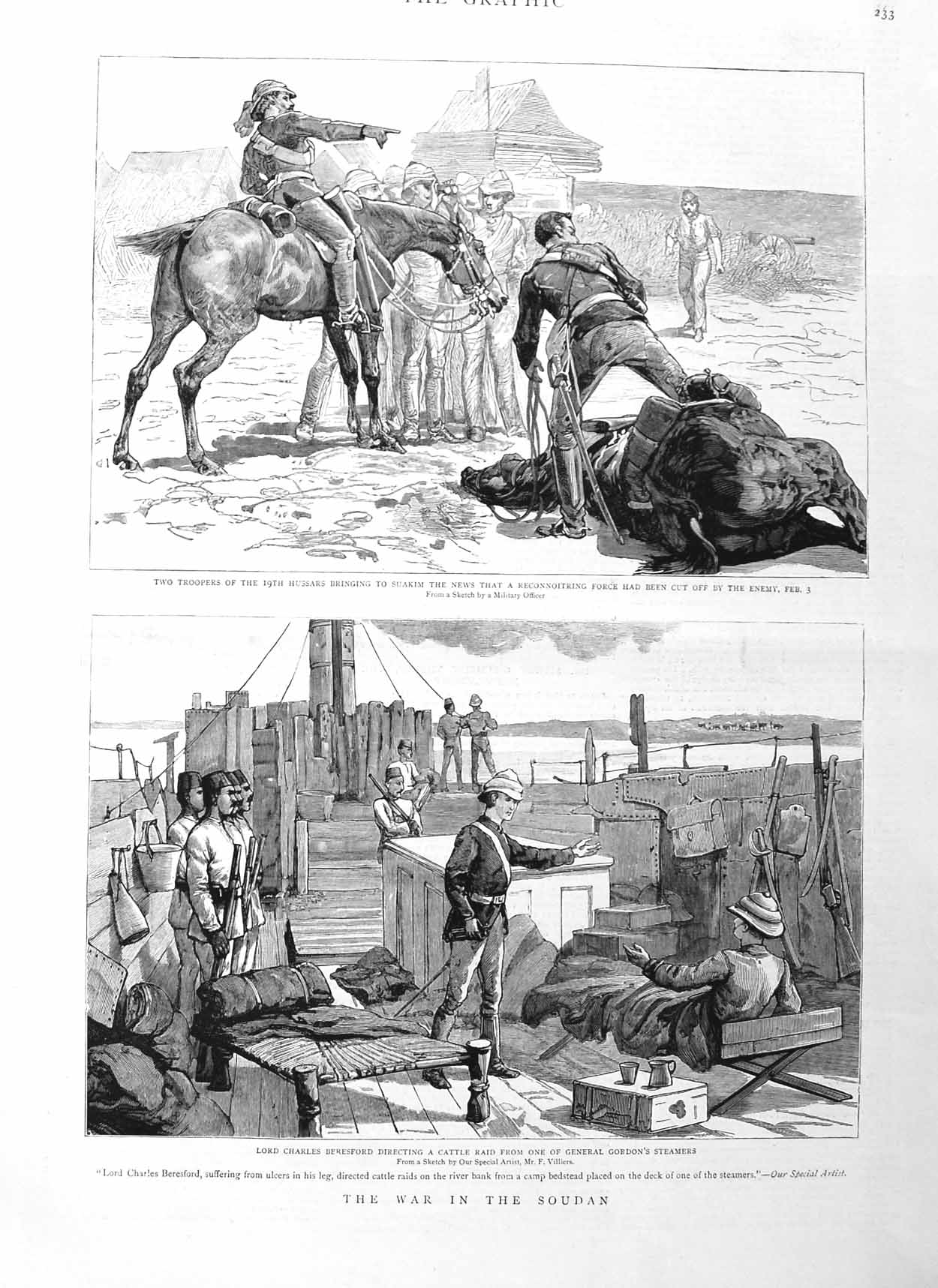 Original Old Antique Print 1885 War Soudan Charles Beresford Gordon Suaki 19th
