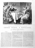 Original Old Antique Print 1885 Illustration Story Cousin Isidor Breakfas 19th