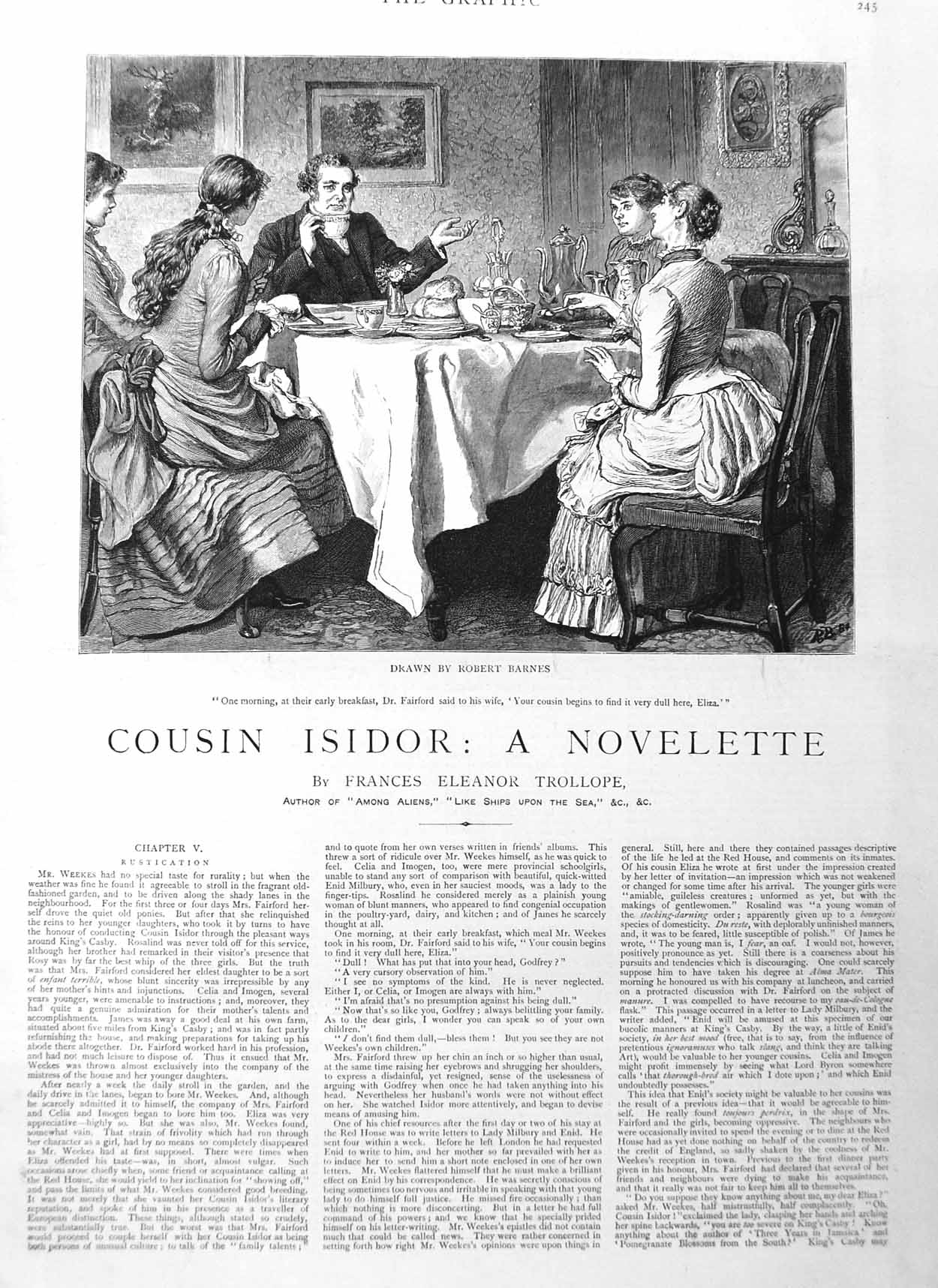 Original Old Antique Print 1885 Illustration Story Cousin Isidor Breakfas 19th