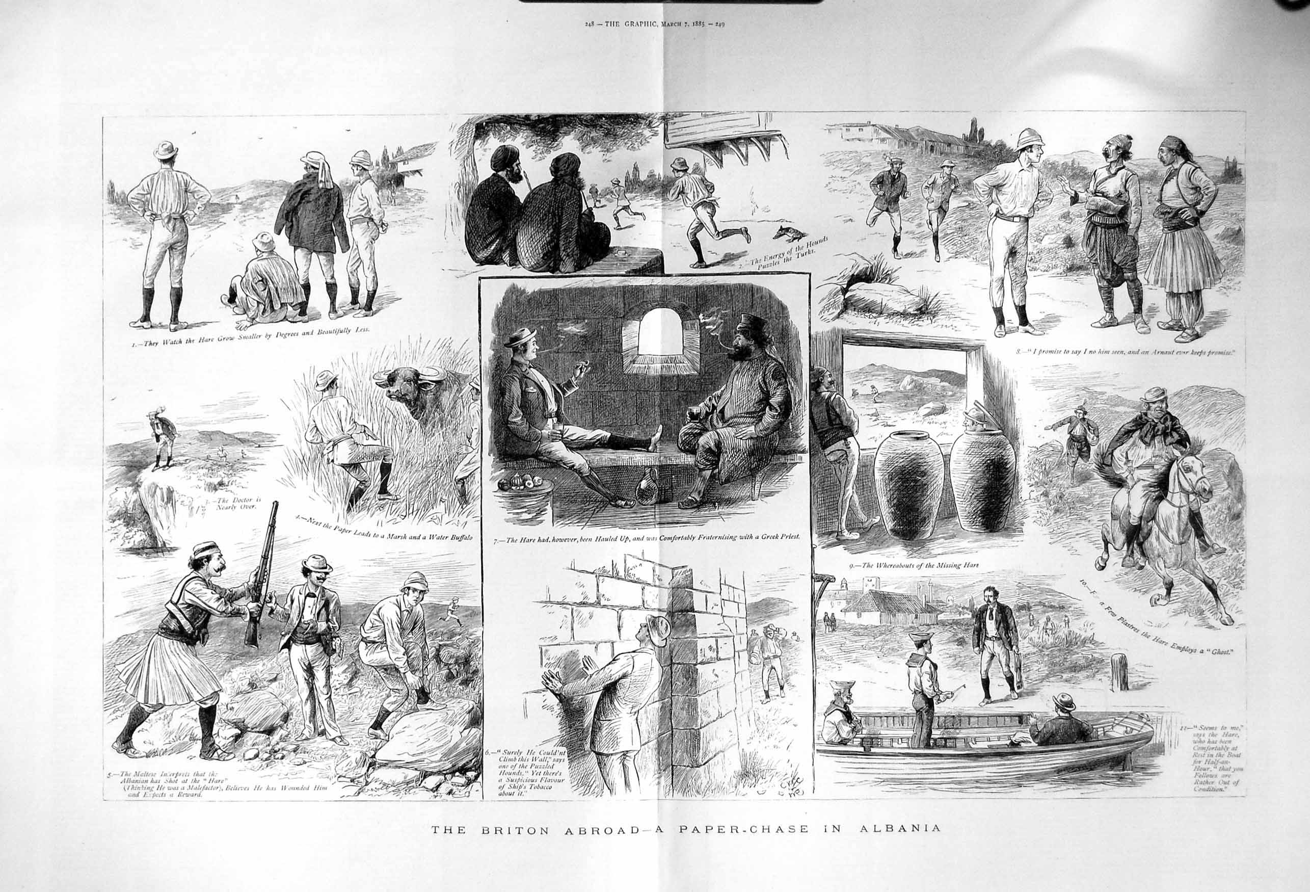 Antique Old Print 1885 Paper Chase Albania British Man River Boat Natives 19th