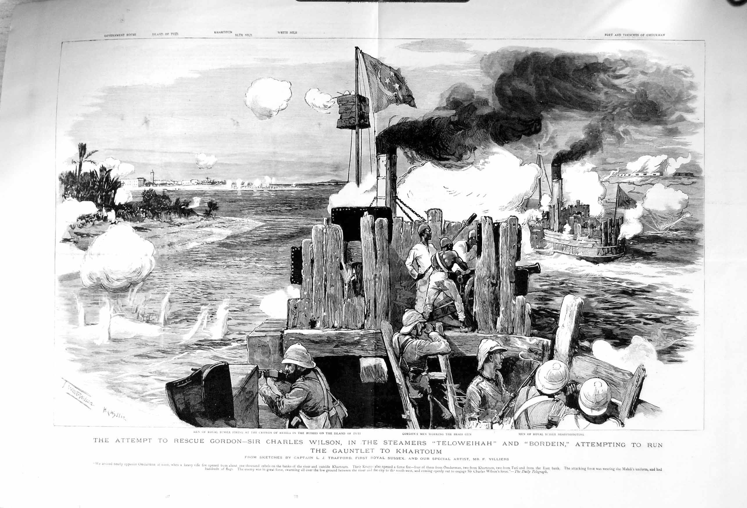 Original Old Antique Print 1885 Charles Wilson Ships Teloweihah Bordein K 19th