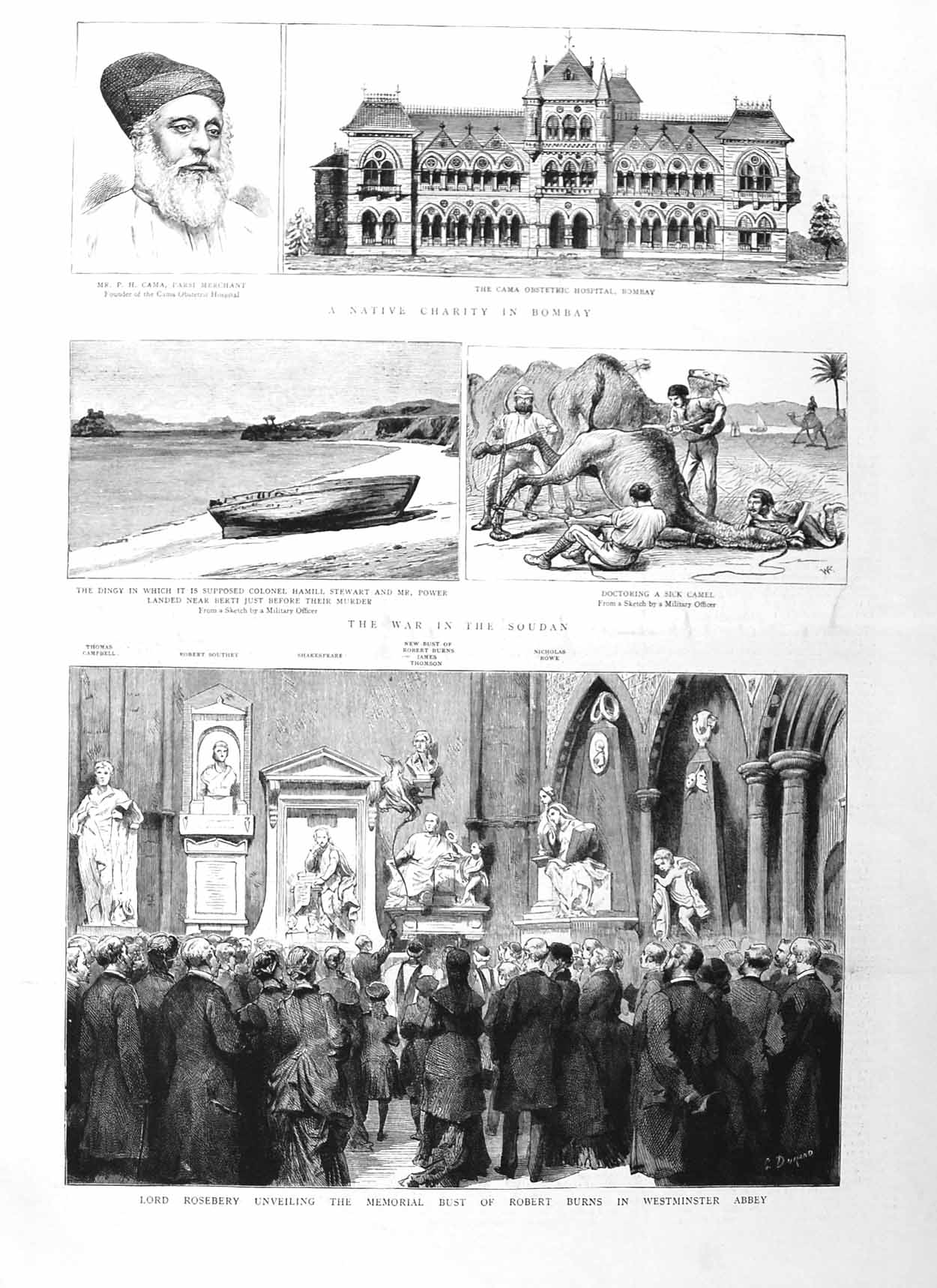 Original Old Antique Print 1885 Roseberry Robert Burns Westminster Parsi Bombay