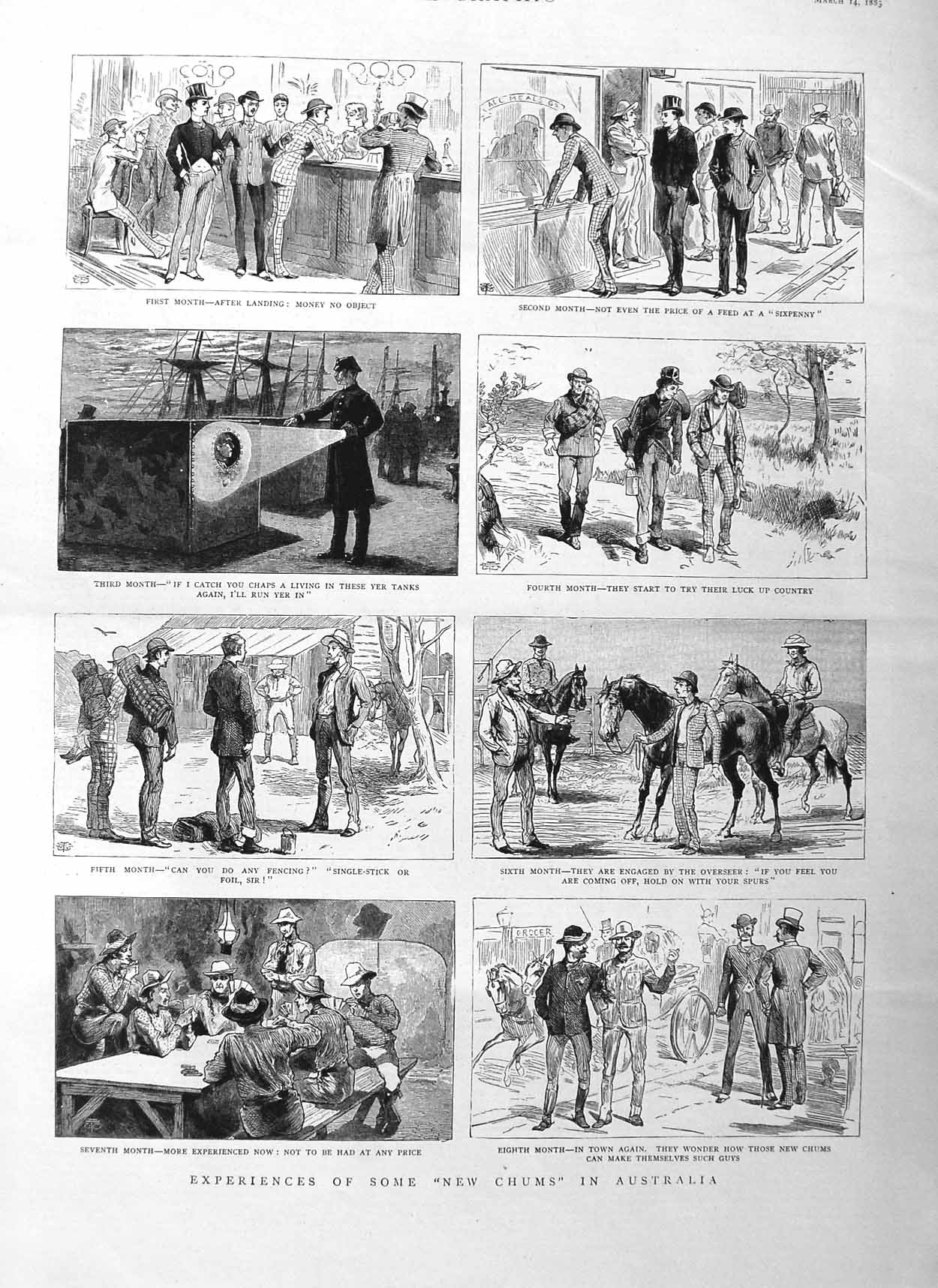 Original Old Antique Print 1885 Australia People Ships Horses New Chums 19th