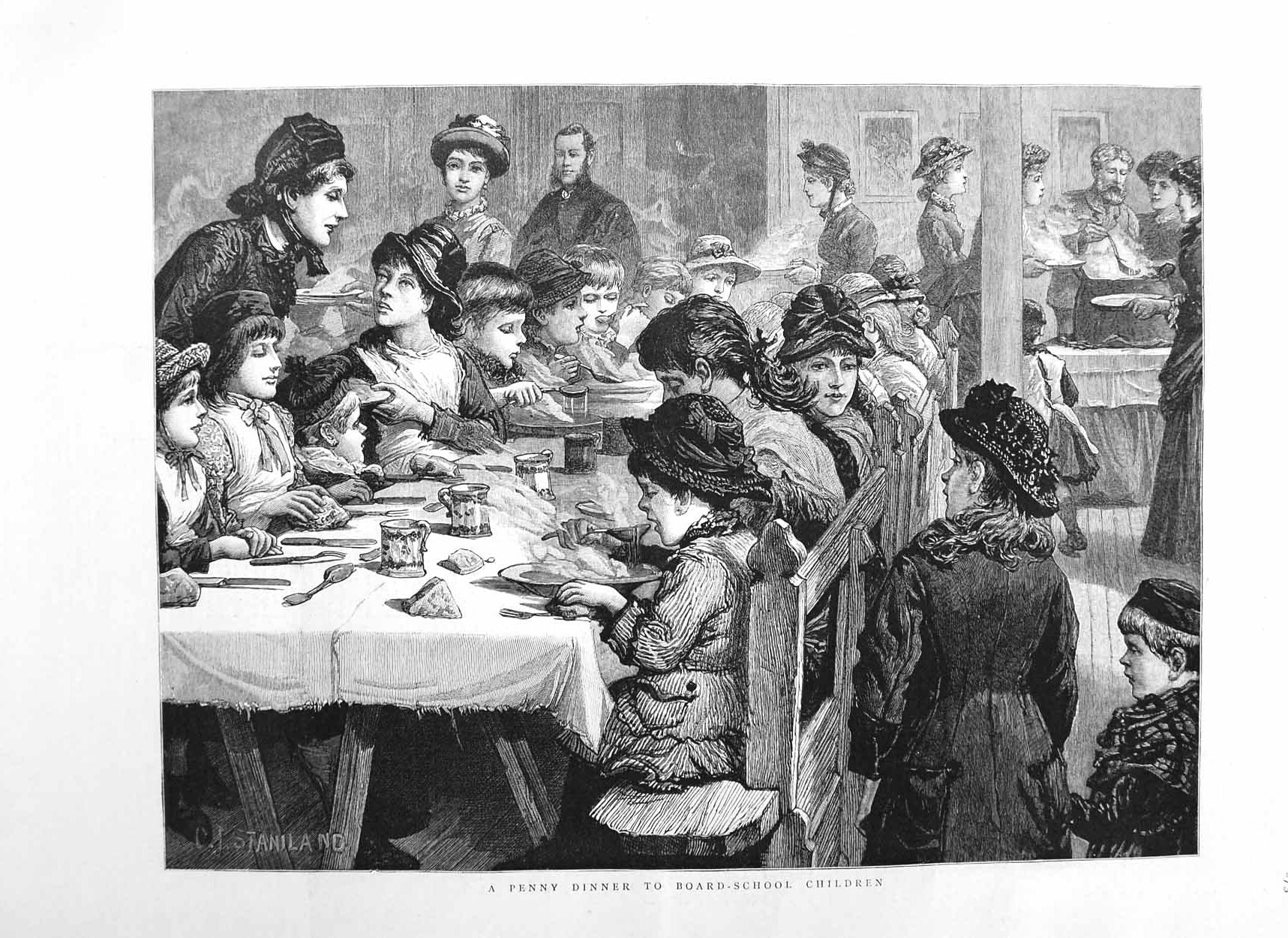 Original Old Antique Print 1885 Penny Dinner Boarding School Children Fine Art