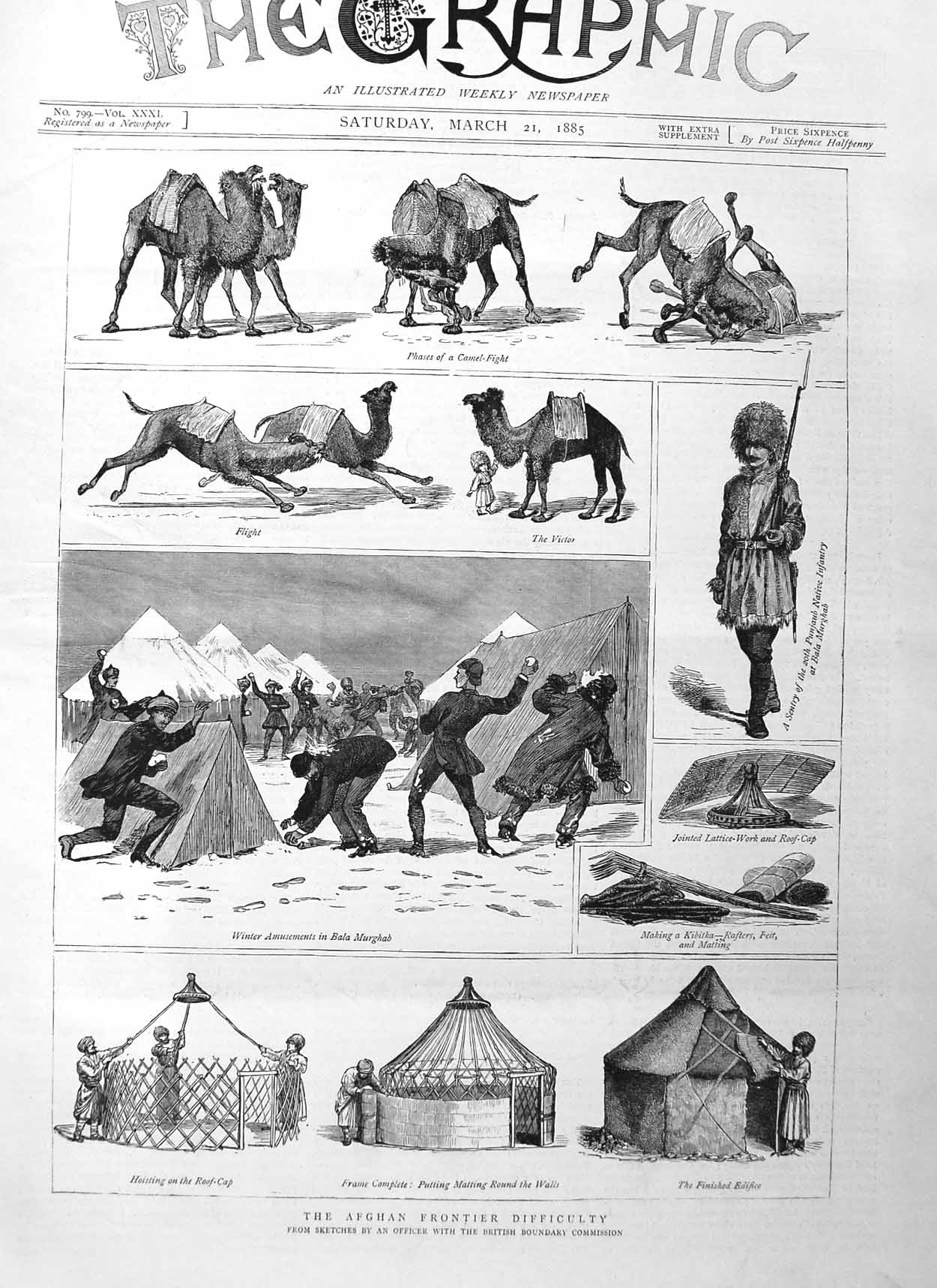 Original Old Antique Print 1885 Afghan War Camels Punjaub Native Sier Murghab