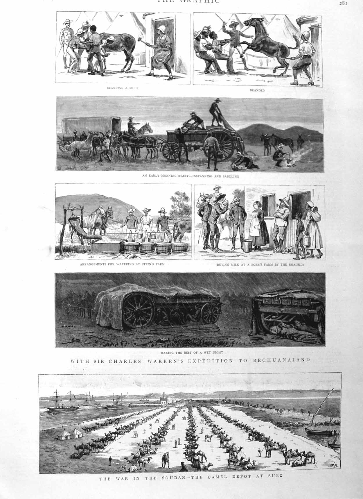 Original Old Antique Print 1885 War Soudan Camel Depot Suez Warren Bechuanaland