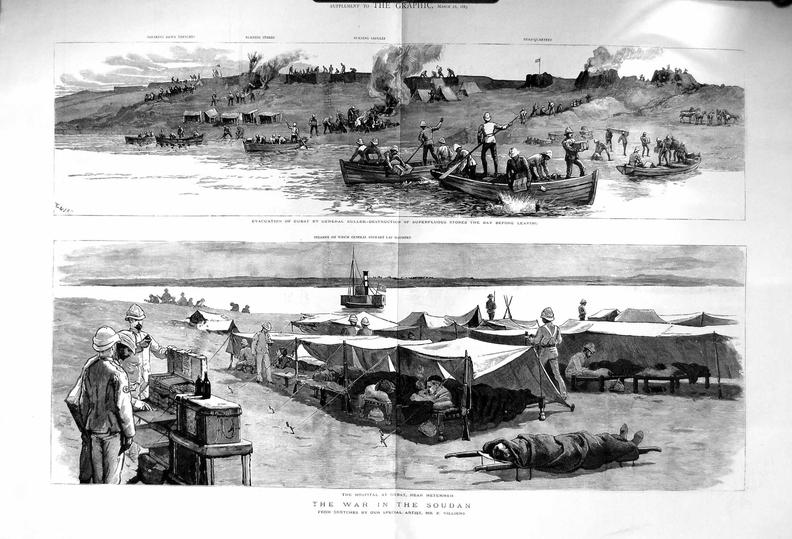 Old Antique Print 1885 War Soudan Hospital Gubat Metemmeh Buller Boats 19th