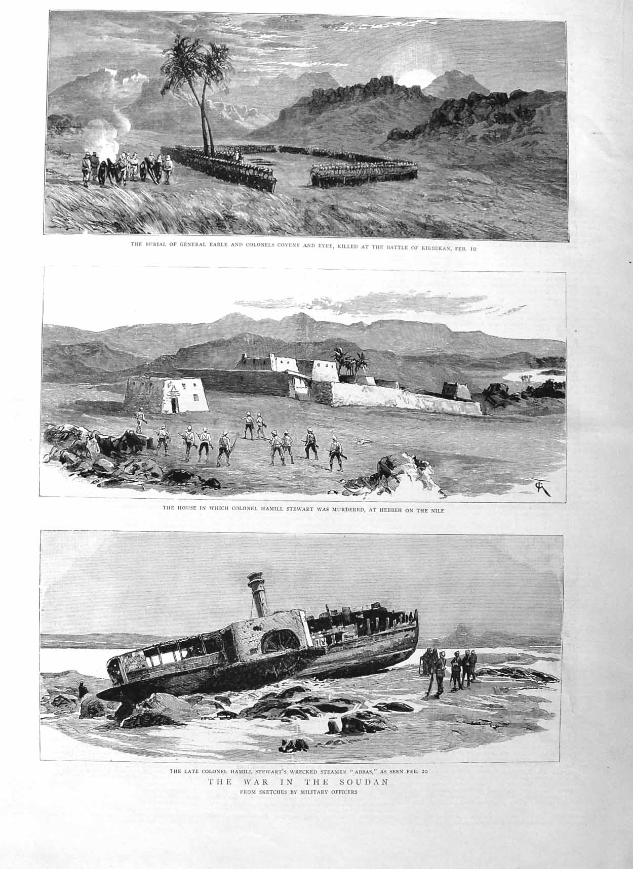 Original Old Antique Print 1885 War Soudan Hamill Stewart Ship Wreck Abba 19th