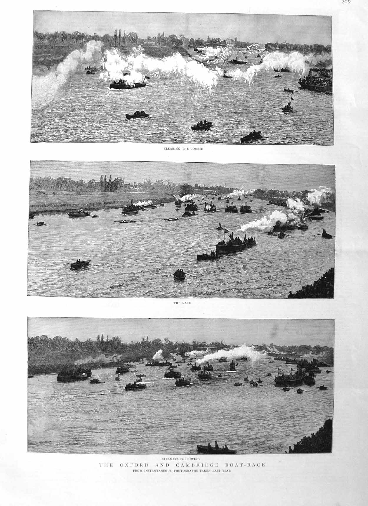 Original Old Antique Print 1885 Oxford Cambridge Boat Race Steamers Fine Art