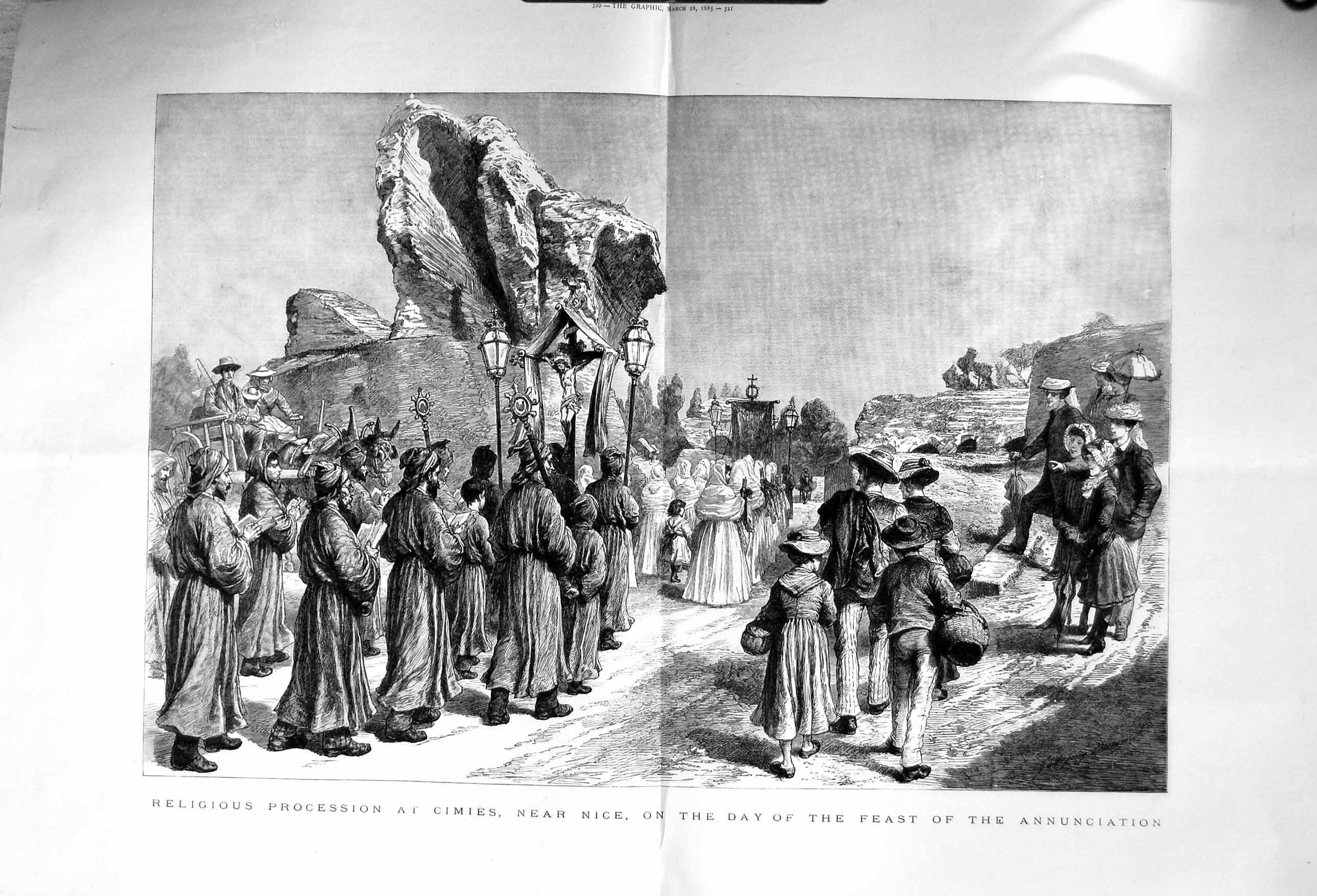 Original Old Antique Print 1885 Religious Procession Cimies Feast Annunciation