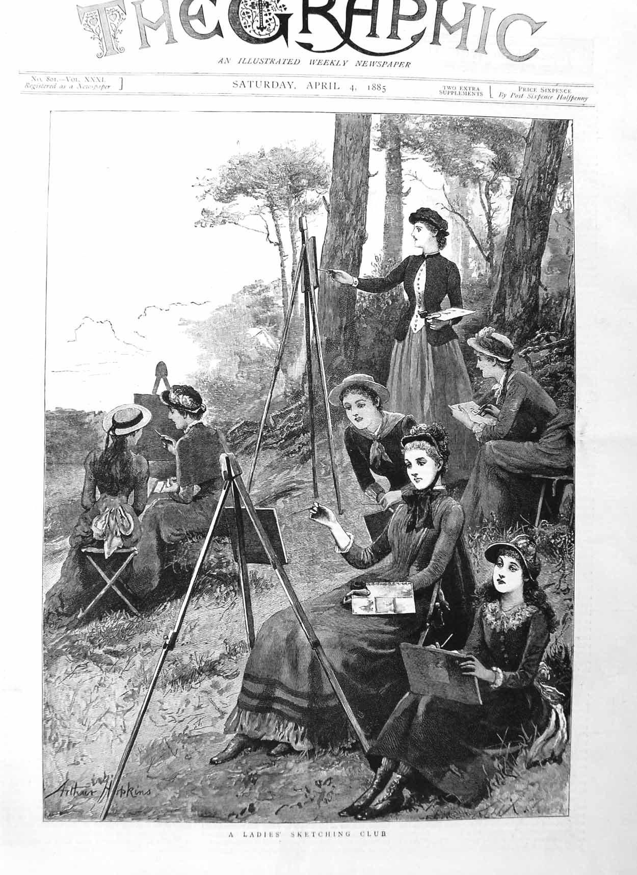 Original Old Antique Print 1885 Arthur Hopkins Fine Art Ladies Sketching Club