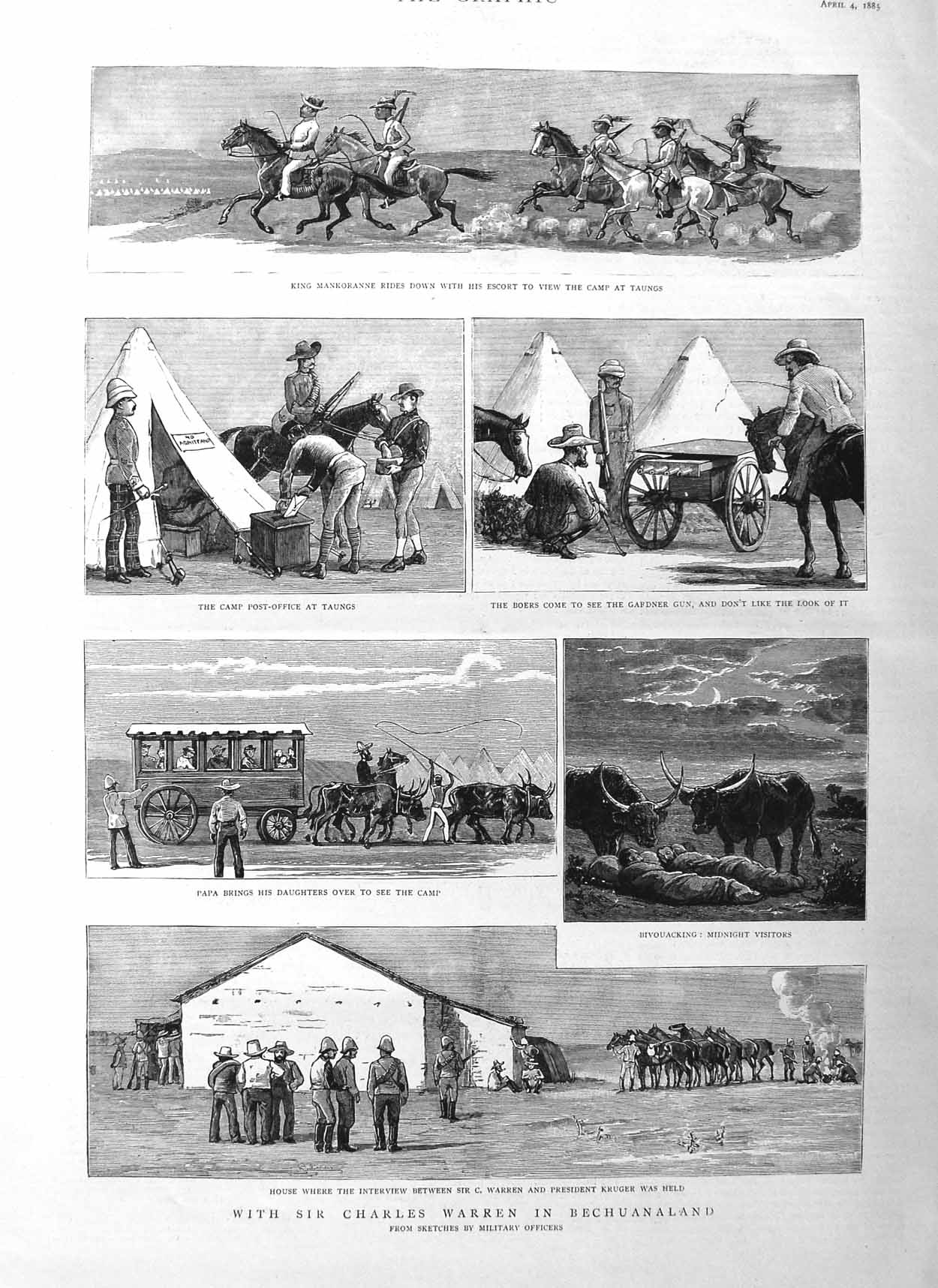 Original Old Antique Print 1885 Warren Bechuanaland King Mankoranne Boers War