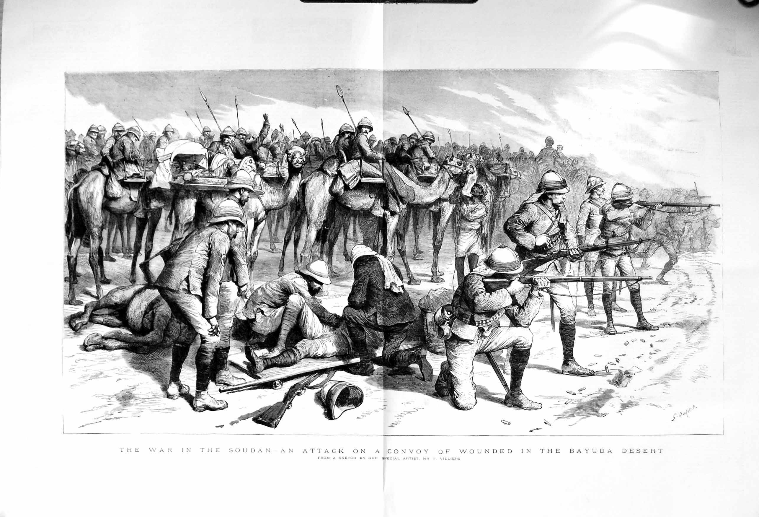 Original Old Antique Print 1885 War Soudan Attack Convoy Bayuda Deser Victorian