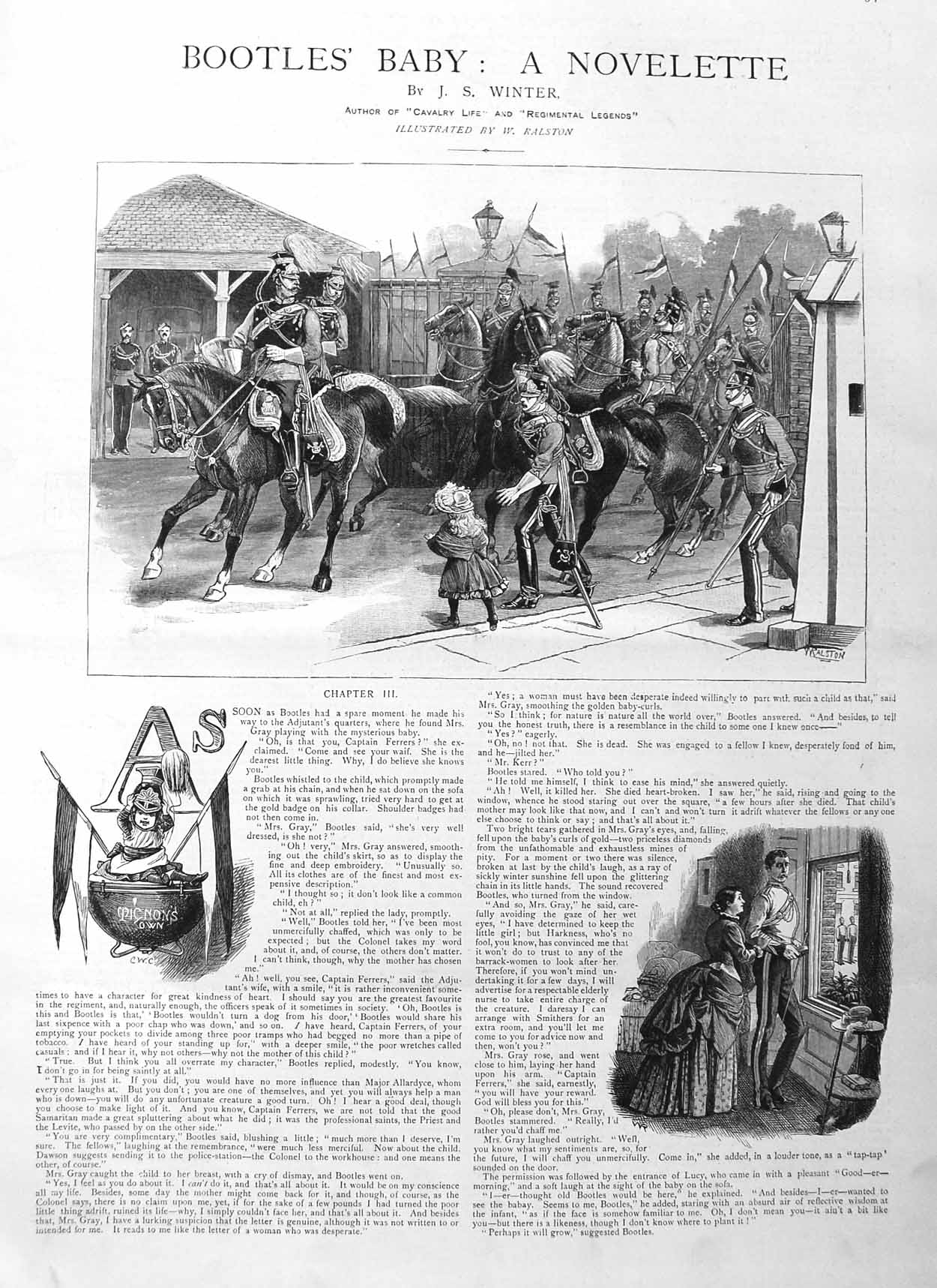 Original Old Antique Print 1885 Illustration Story Bootles Baby Siers Horses
