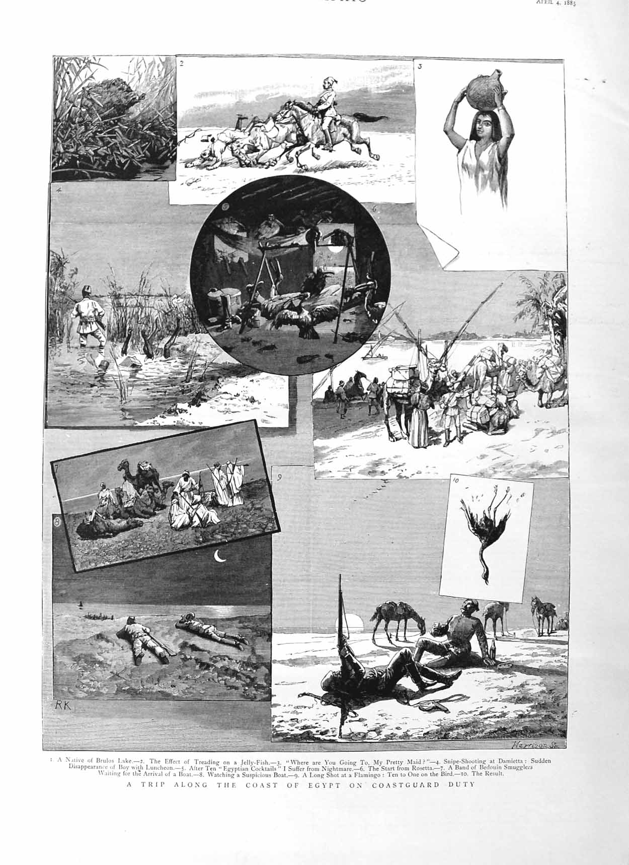 Original Old Antique Print 1885 Egypt Brulos Lake Shooting Damietta Camels War
